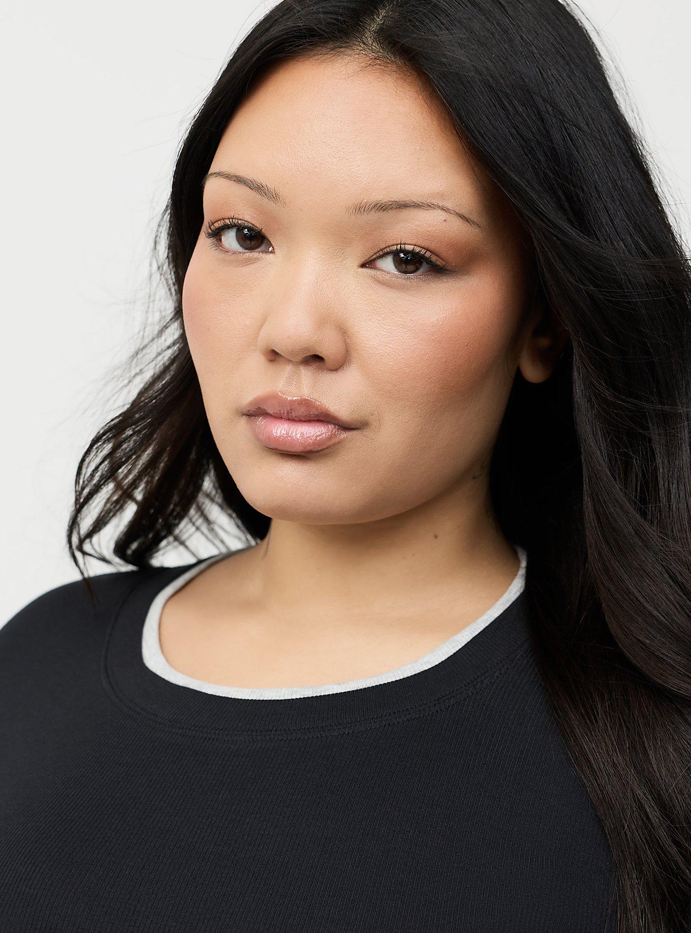 Cotton Modal Rib 2fer Layering Long Sleeve Tee, DEEP BLACK, alternate