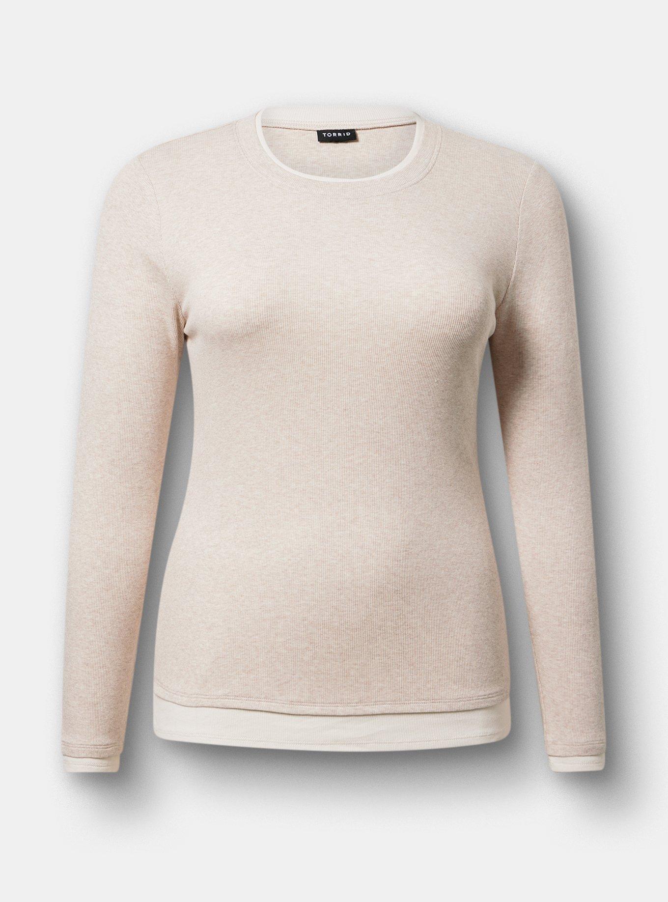 Cotton Modal Rib 2fer Layering Long Sleeve Tee, OATMEAL HEATHER, hi-res