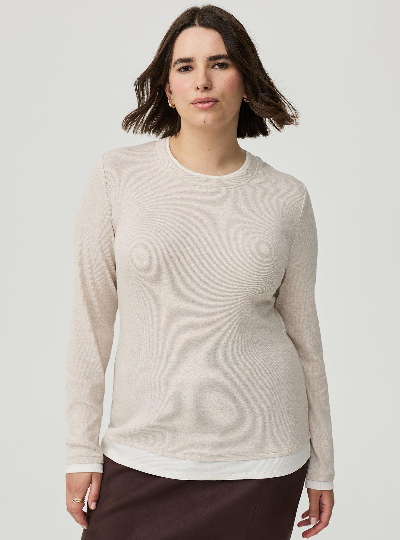 Cotton Modal Rib 2fer Layering Long Sleeve Tee, OATMEAL HEATHER, hi-res