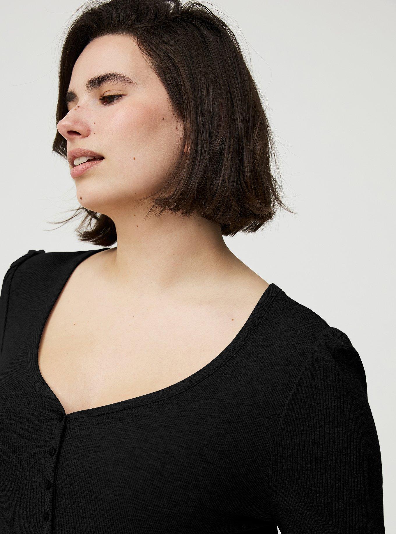 Cotton Modal Rib Henley Puff Sleeve Top, DEEP BLACK, alternate