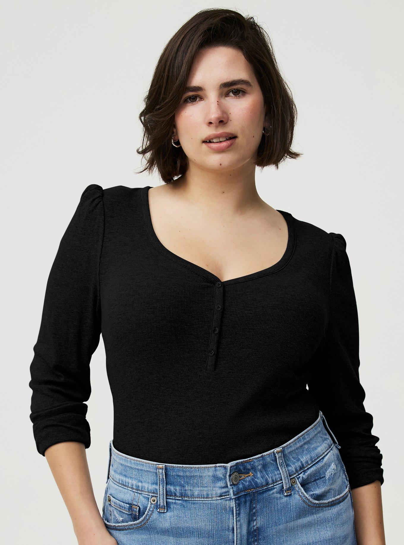 Cotton Modal Rib Henley Puff Sleeve Top, DEEP BLACK, alternate