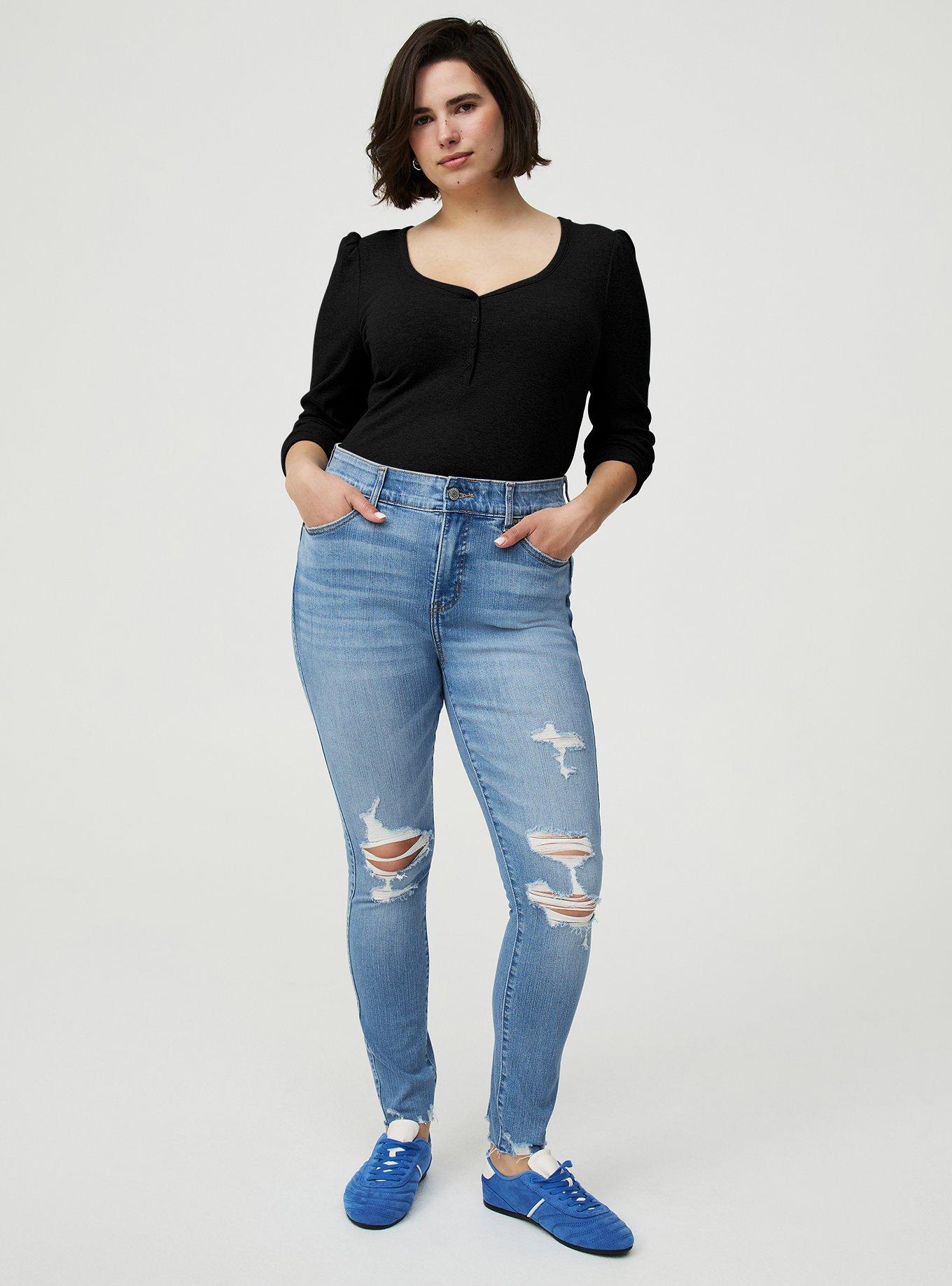 Cotton Modal Rib Henley Puff Sleeve Top, DEEP BLACK, alternate