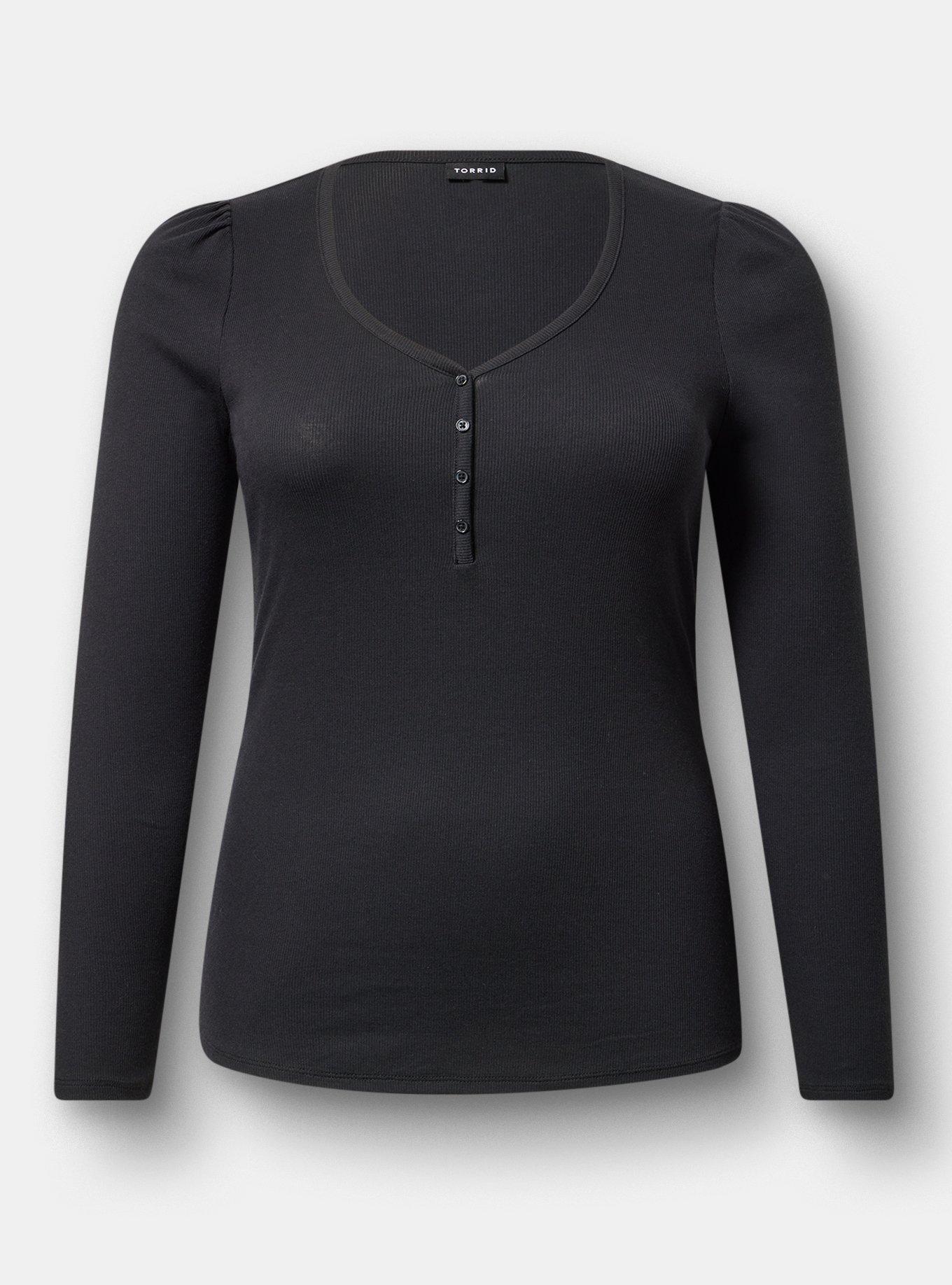 Cotton Modal Rib Henley Puff Sleeve Top, DEEP BLACK, hi-res