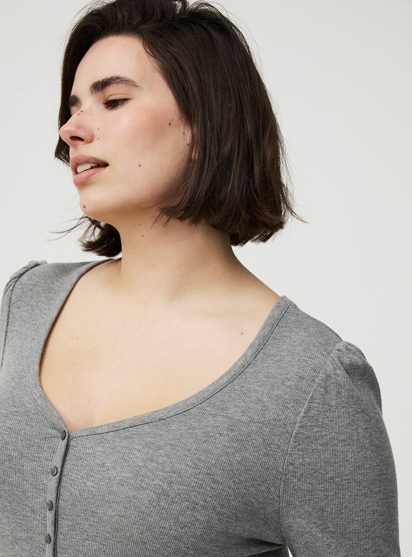 Cotton Modal Rib Henley Puff Sleeve Top, MED HEATHER GREY, alternate