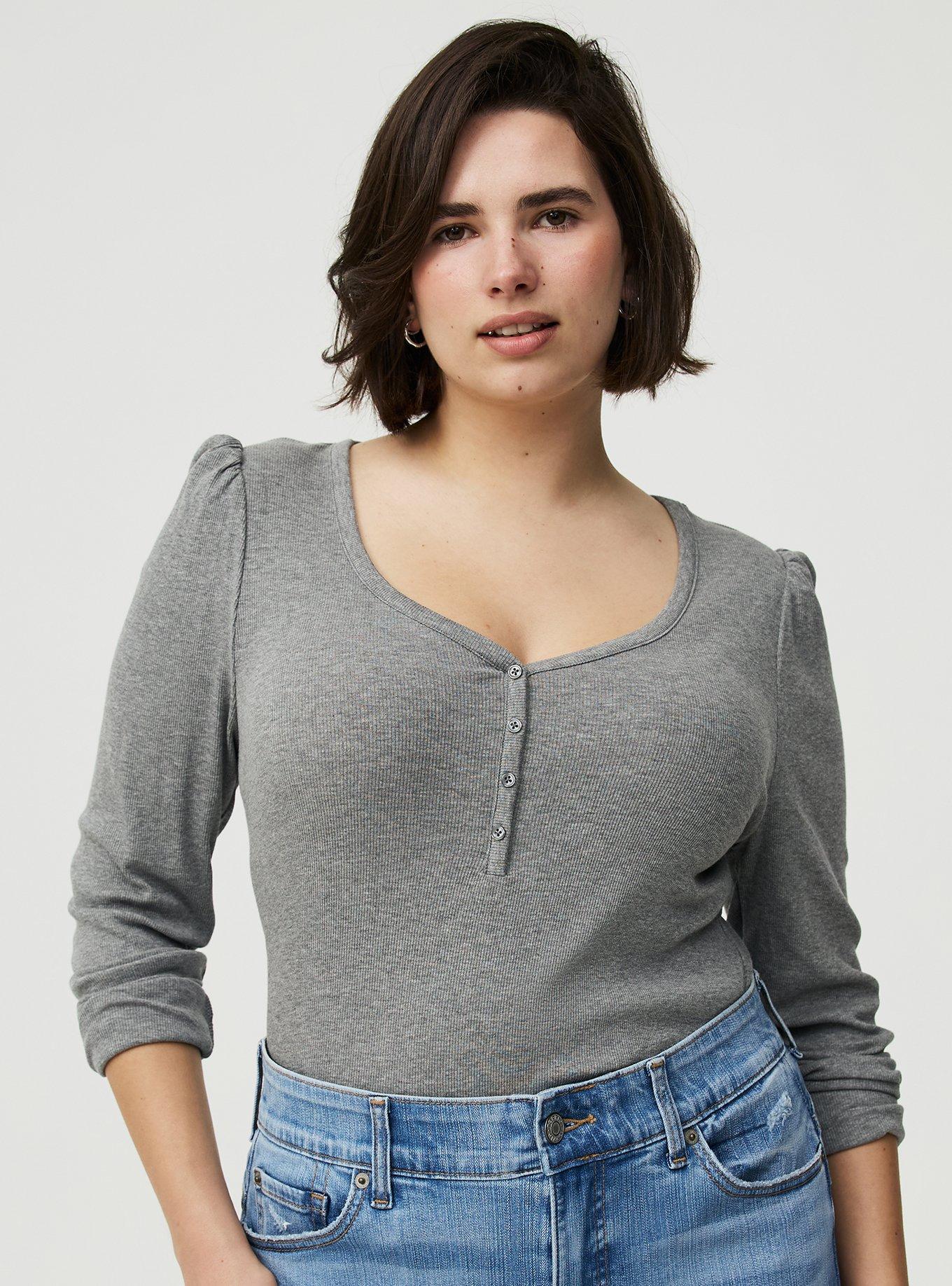 Cotton Modal Rib Henley Puff Sleeve Top, MED HEATHER GREY, alternate