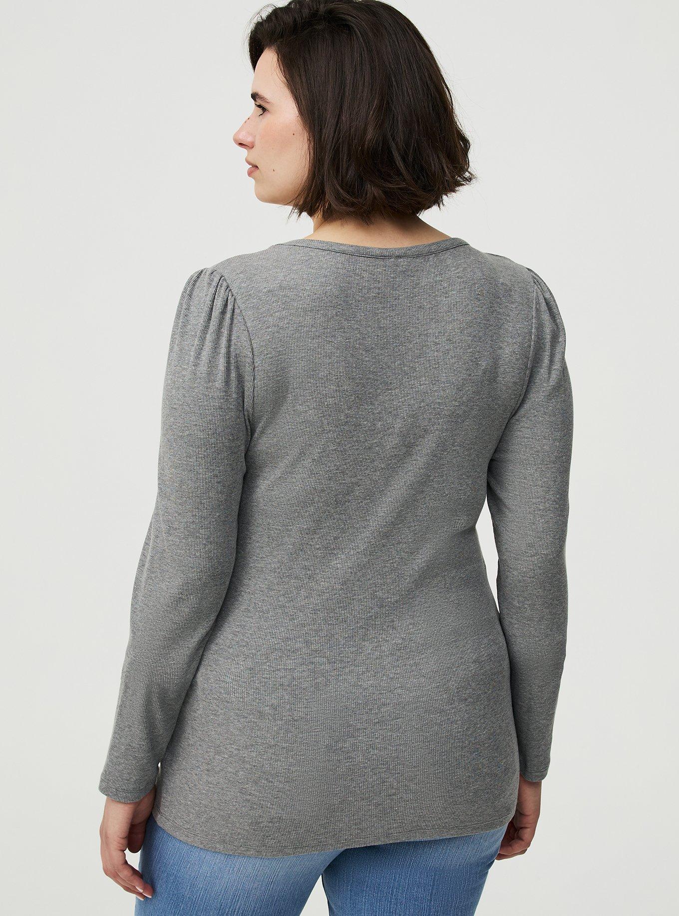 Cotton Modal Rib Henley Puff Sleeve Top, MED HEATHER GREY, alternate