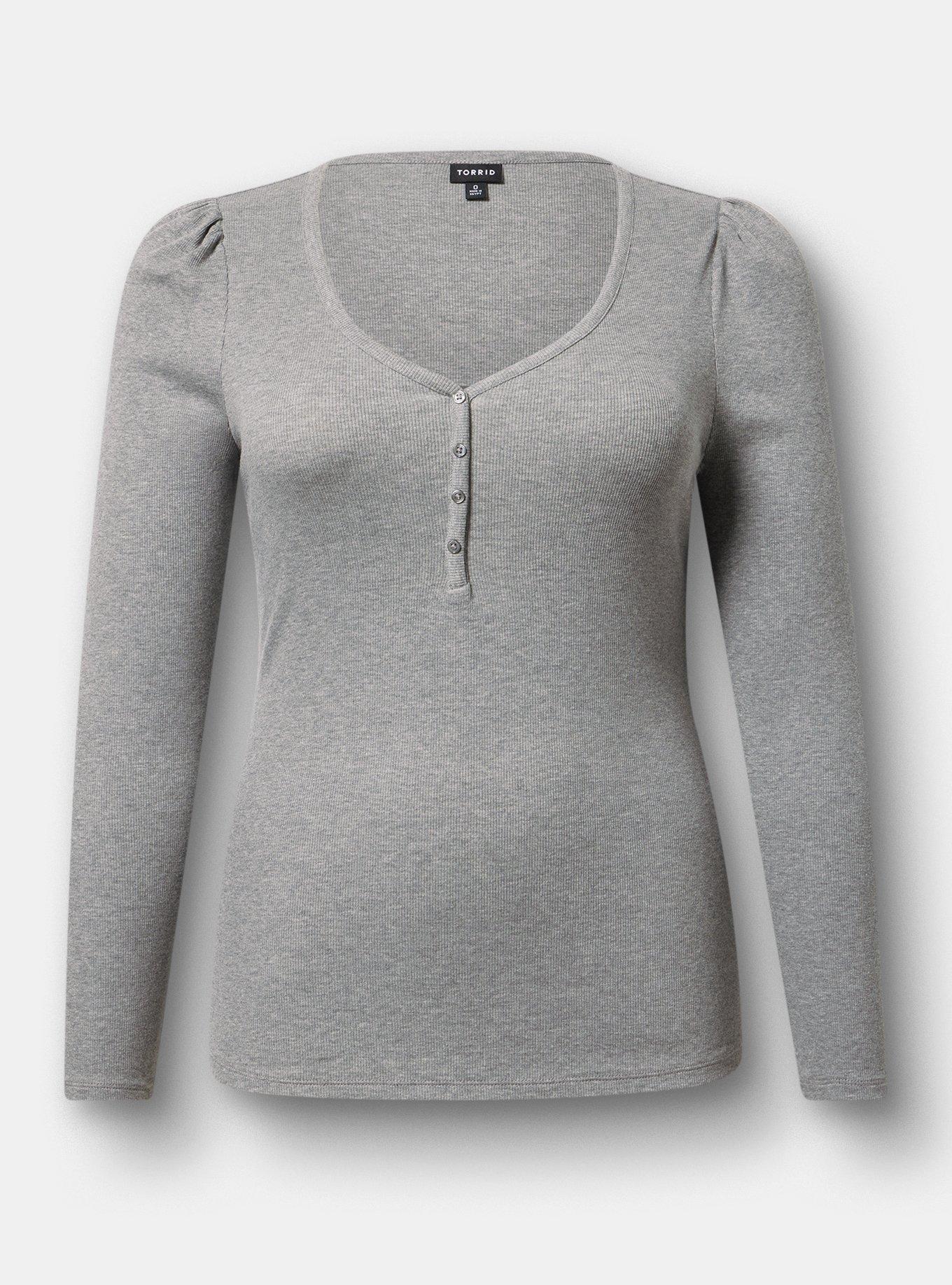 Cotton Modal Rib Henley Puff Sleeve Top, MED HEATHER GREY, hi-res