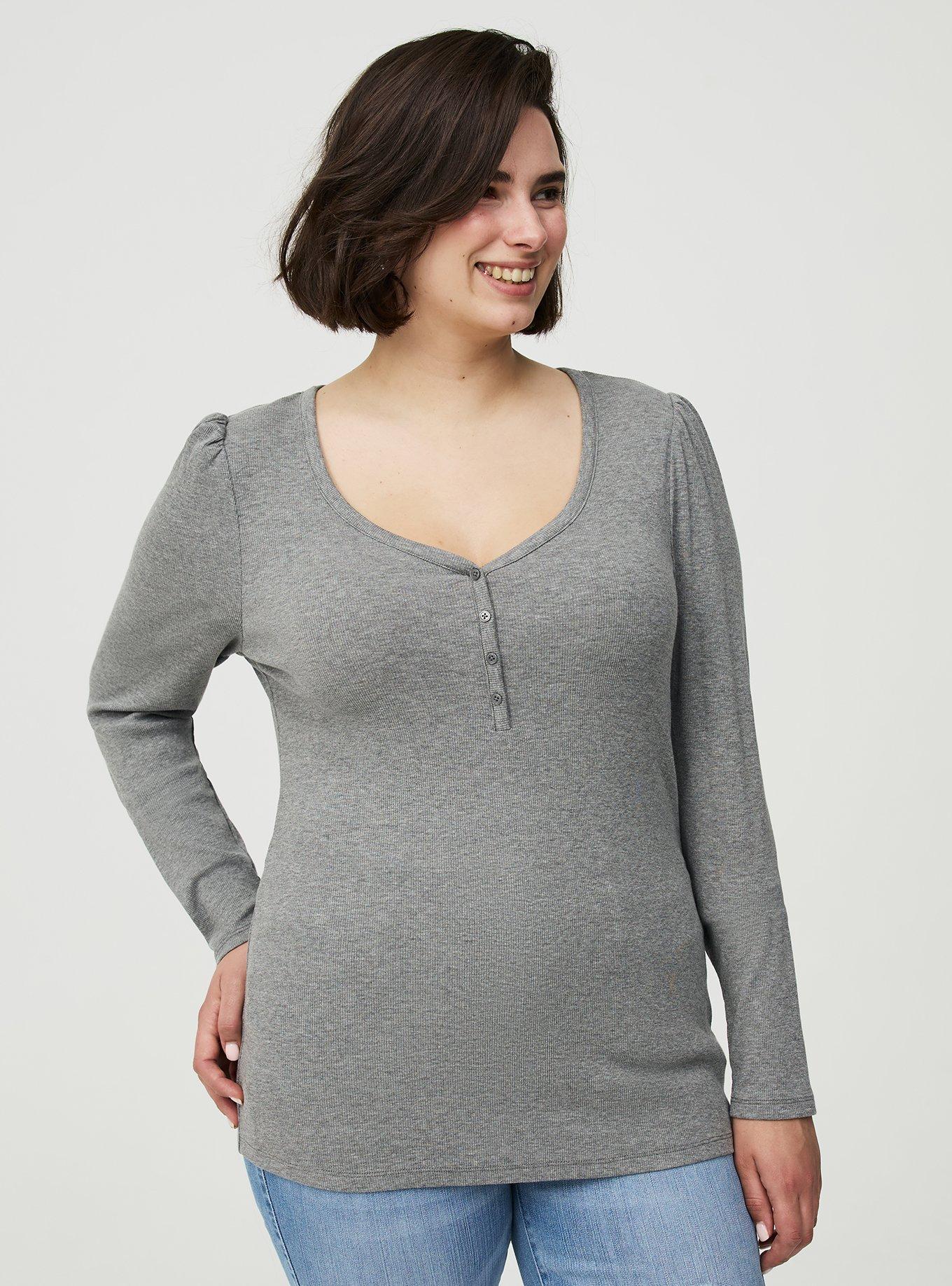 Plus Size Cotton Modal Rib Henley Puff Sleeve Top, MED HEATHER GREY, hi-res