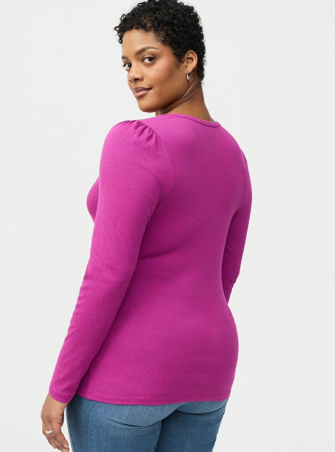 Cotton Modal Rib Henley Puff Sleeve Top, WILD ASTER, alternate