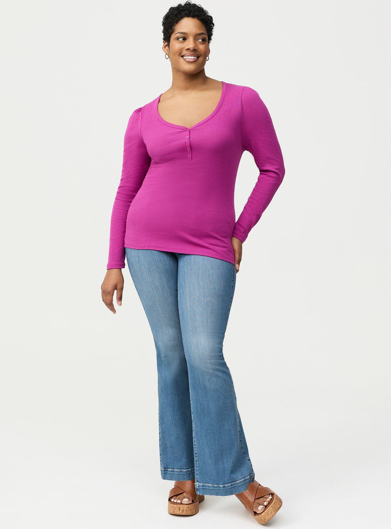 Cotton Modal Rib Henley Puff Sleeve Top, WILD ASTER, alternate