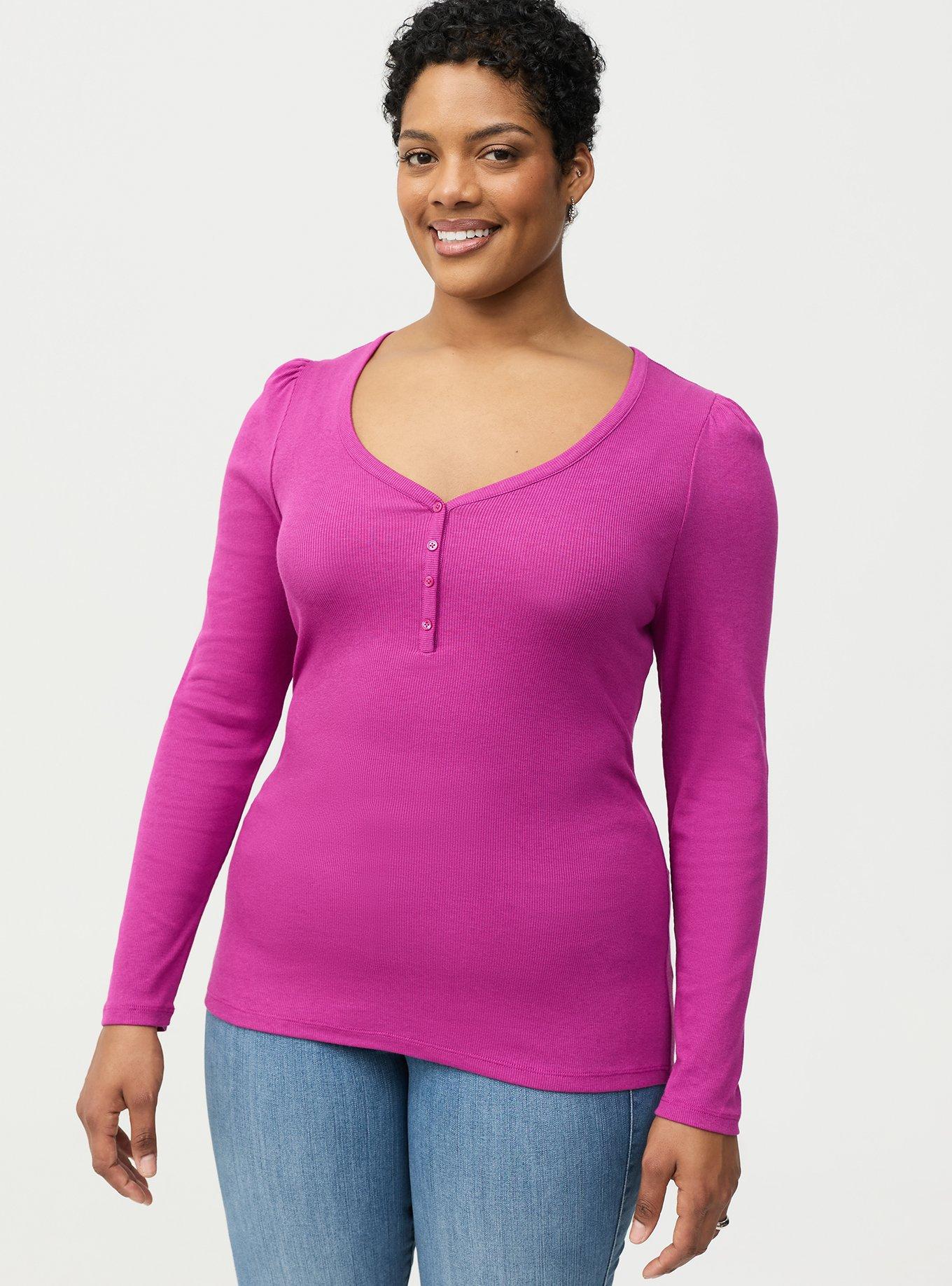 Plus Size Cotton Modal Rib Henley Puff Sleeve Top, WILD ASTER, hi-res