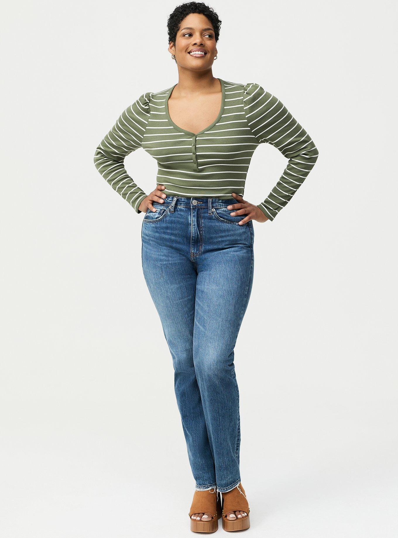 Cotton Modal Rib Henley Puff Sleeve Top, FOUR LEAF CLOVER BLANC DE BLANC STRIPE, alternate