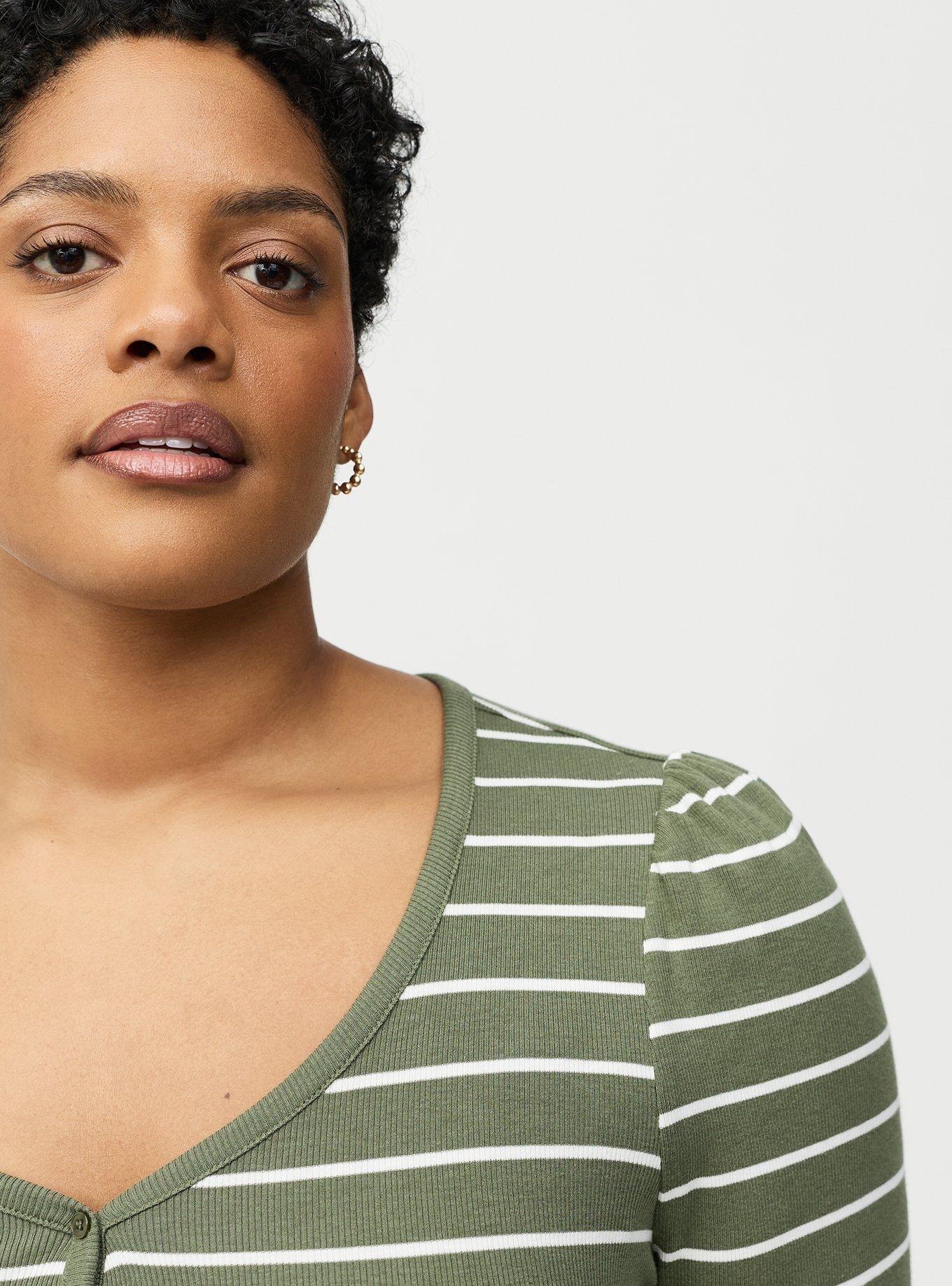 Cotton Modal Rib Henley Puff Sleeve Top, FOUR LEAF CLOVER BLANC DE BLANC STRIPE, alternate