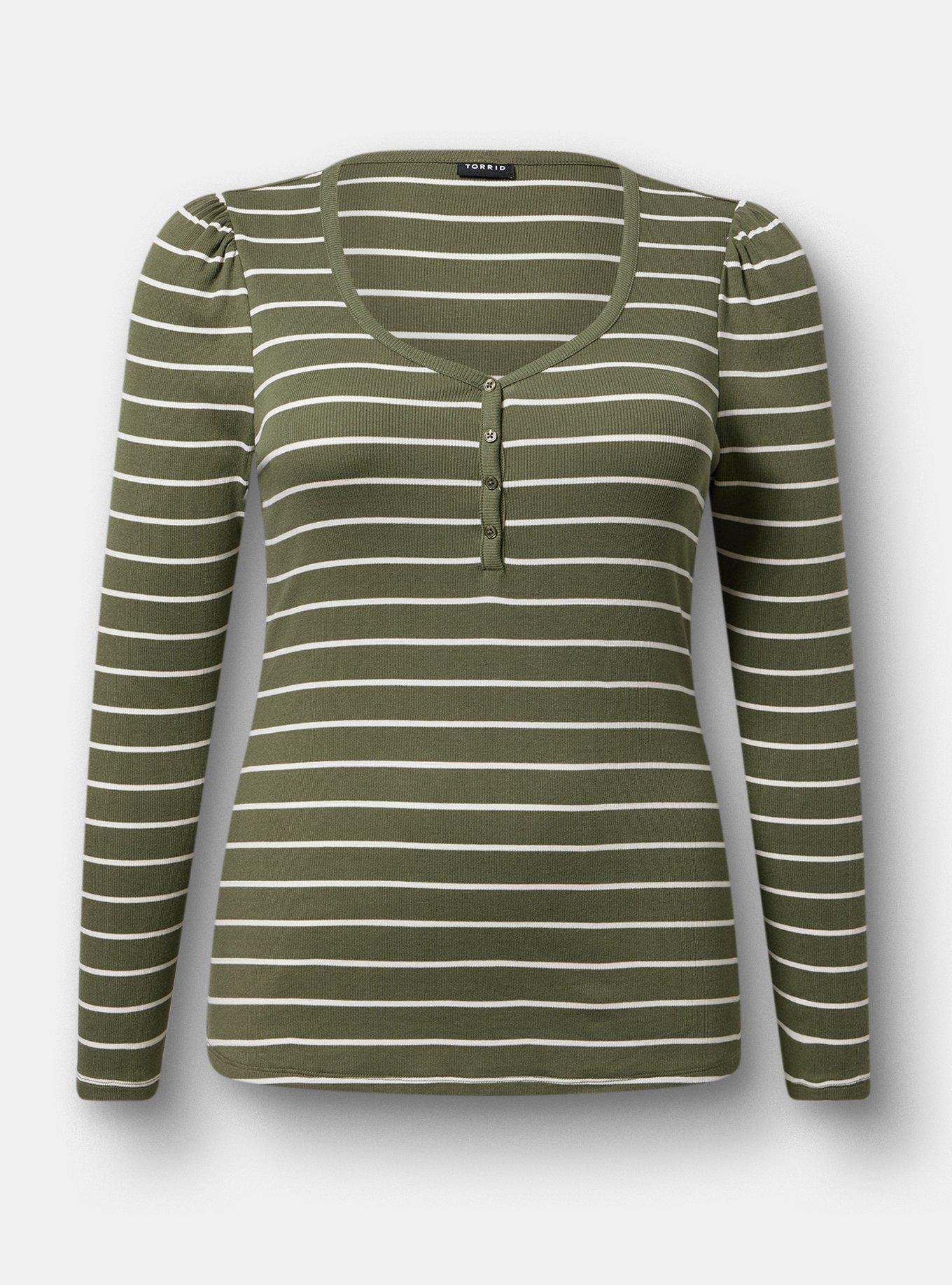 Cotton Modal Rib Henley Puff Sleeve Top, FOUR LEAF CLOVER BLANC DE BLANC STRIPE, hi-res