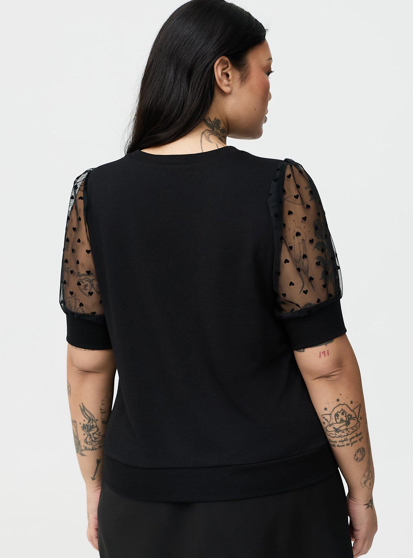 Flocked Heart & Mesh Short Sleeve Sweater