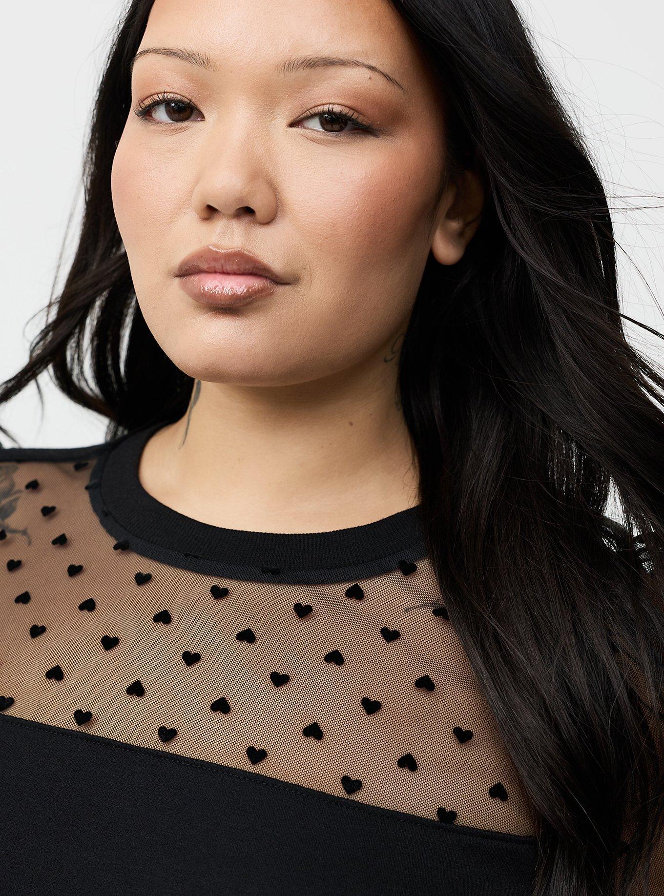 Flocked Heart & Mesh Short Sleeve Sweater