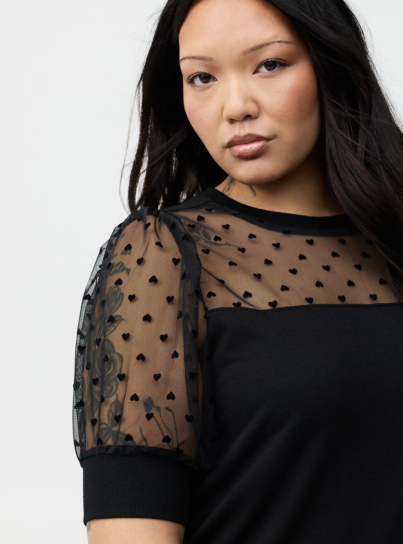 Flocked Heart & Mesh Short Sleeve Sweater