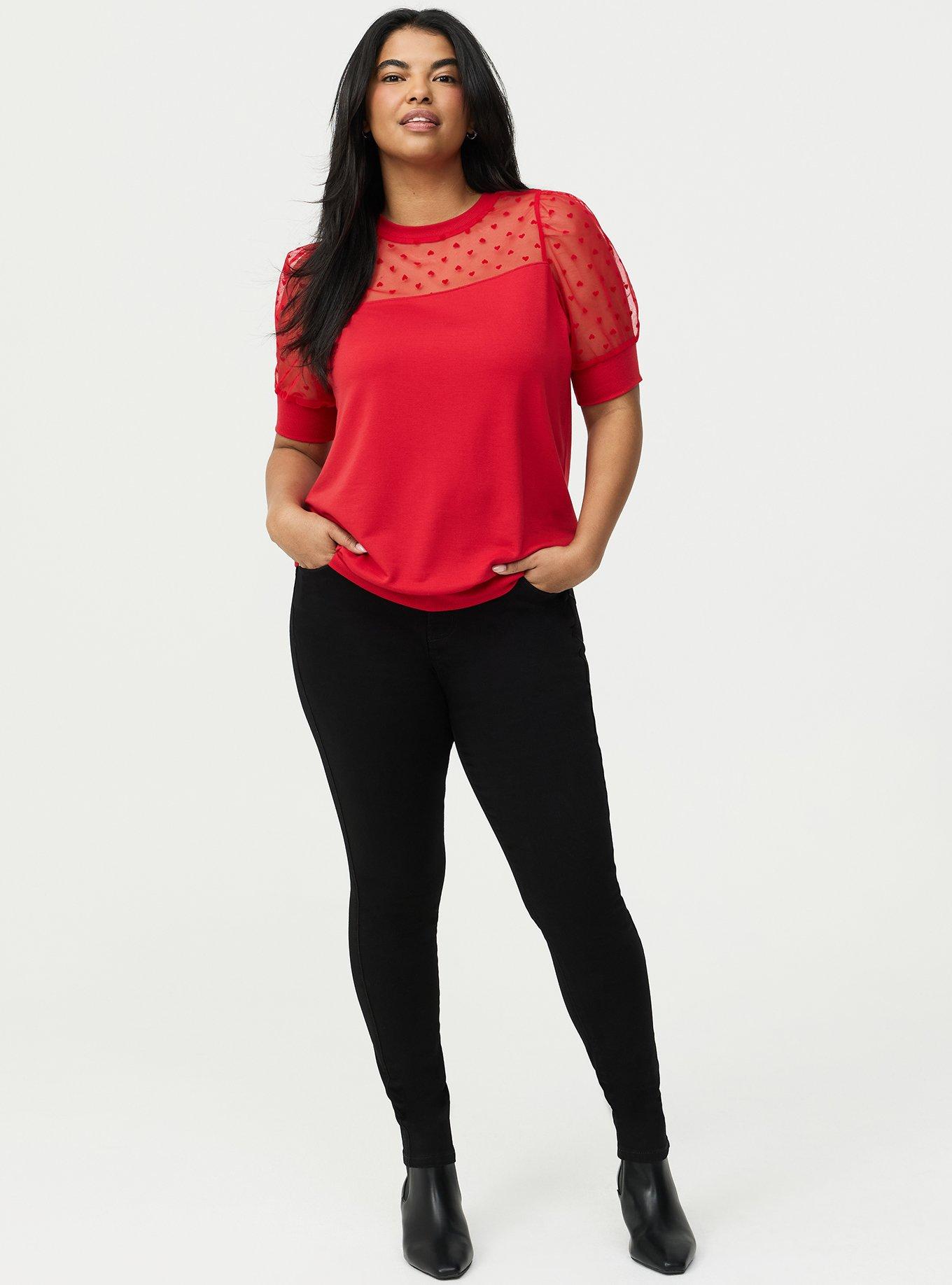 Flocked Heart & Mesh Short Sleeve Sweatshirt, URBAN RED, alternate