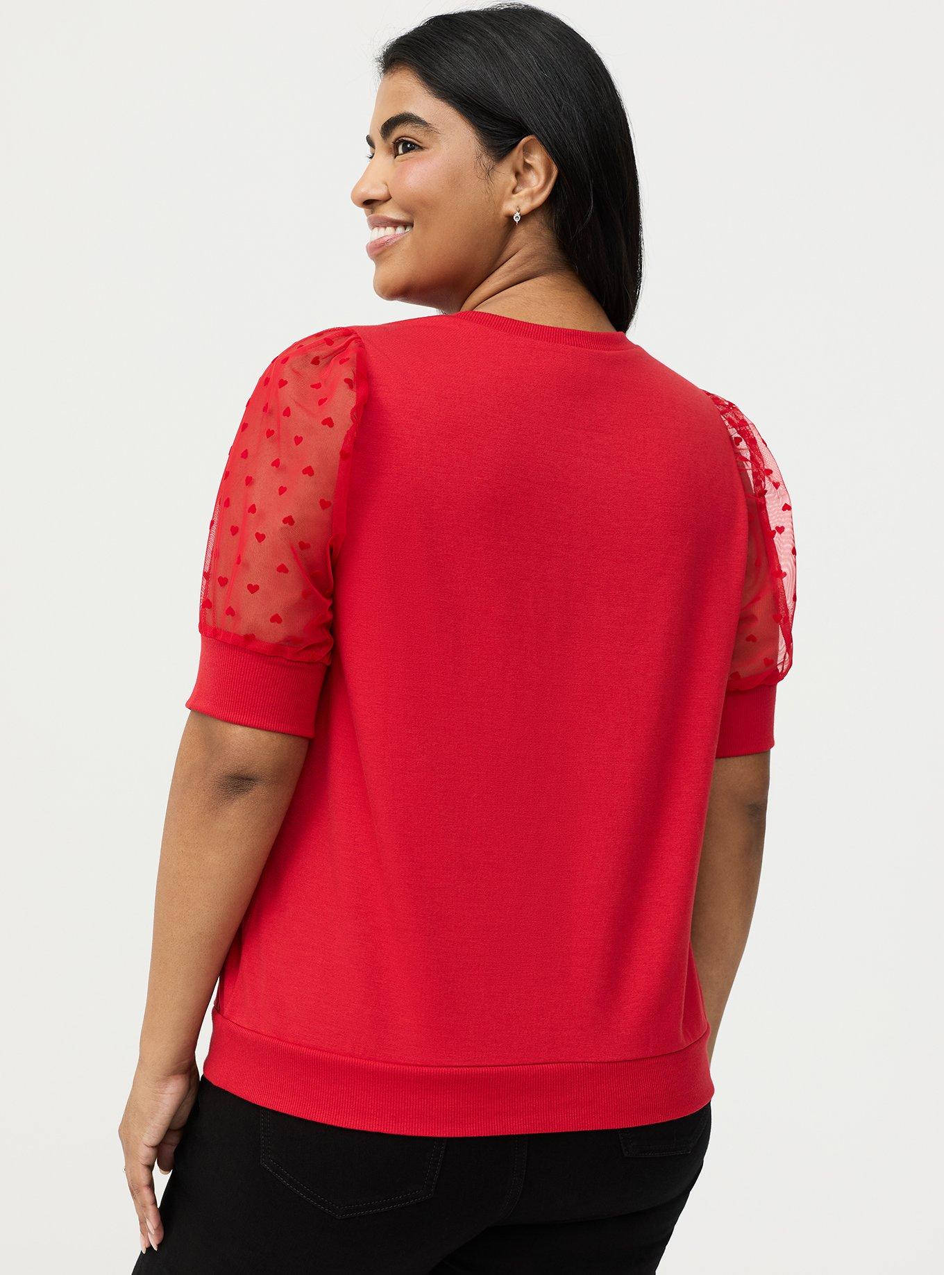 Flocked Heart & Mesh Short Sleeve Sweatshirt, URBAN RED, alternate
