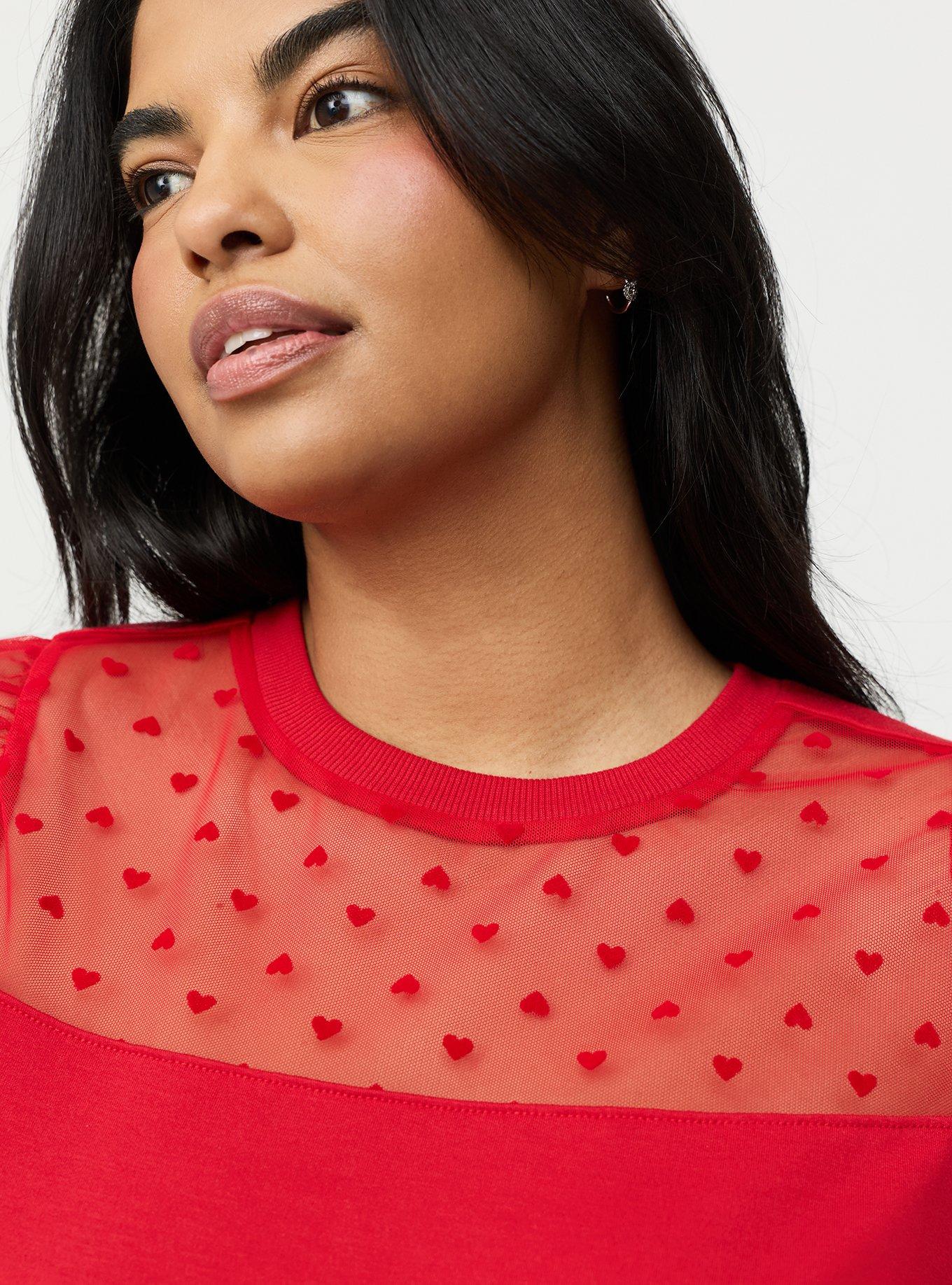 Flocked Heart & Mesh Short Sleeve Sweatshirt, URBAN RED, alternate