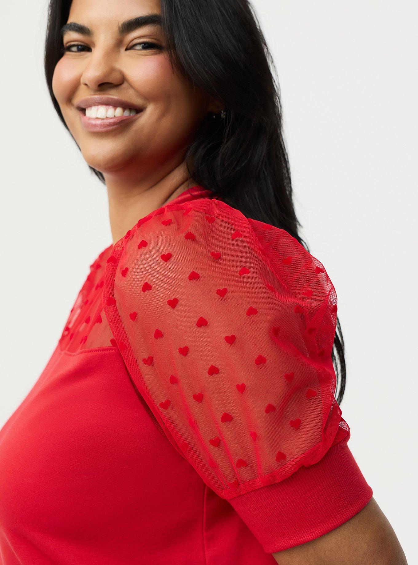 Flocked Heart & Mesh Short Sleeve Sweatshirt, URBAN RED, alternate