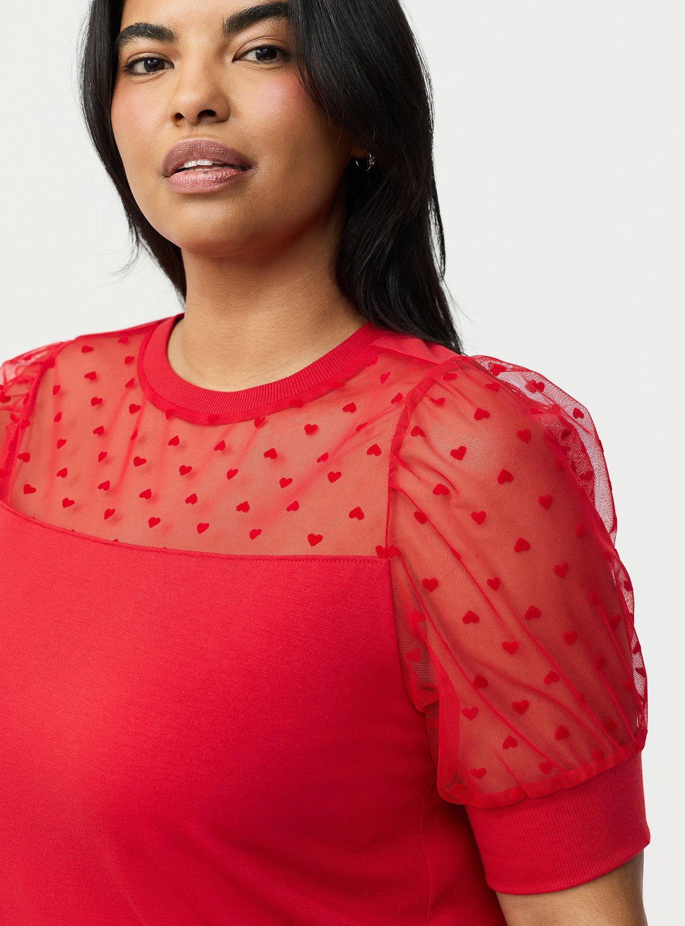 Flocked Heart & Mesh Short Sleeve Sweatshirt, URBAN RED, alternate