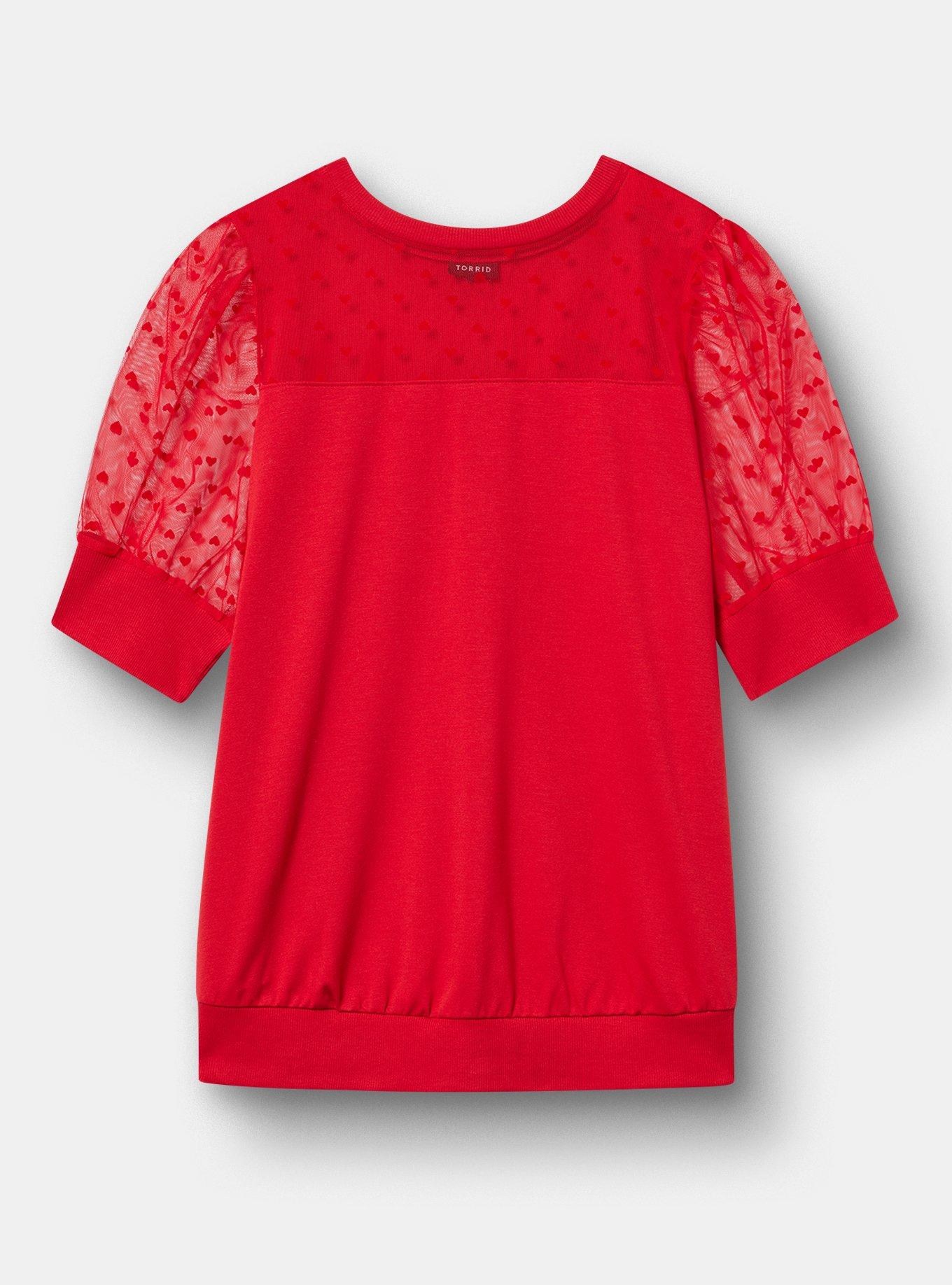 Flocked Heart & Mesh Short Sleeve Sweatshirt, URBAN RED, hi-res