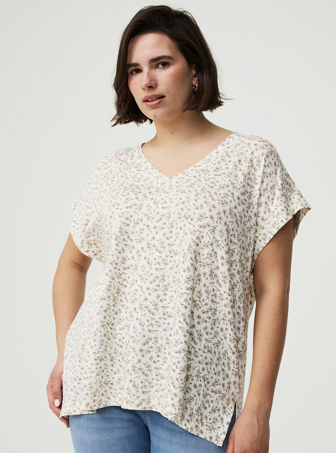 Plus Size Vintage Slub Relaxed V-Neck Dolman Tunic Tee, NICOLE DITSY BLANC DE BLANC, hi-res