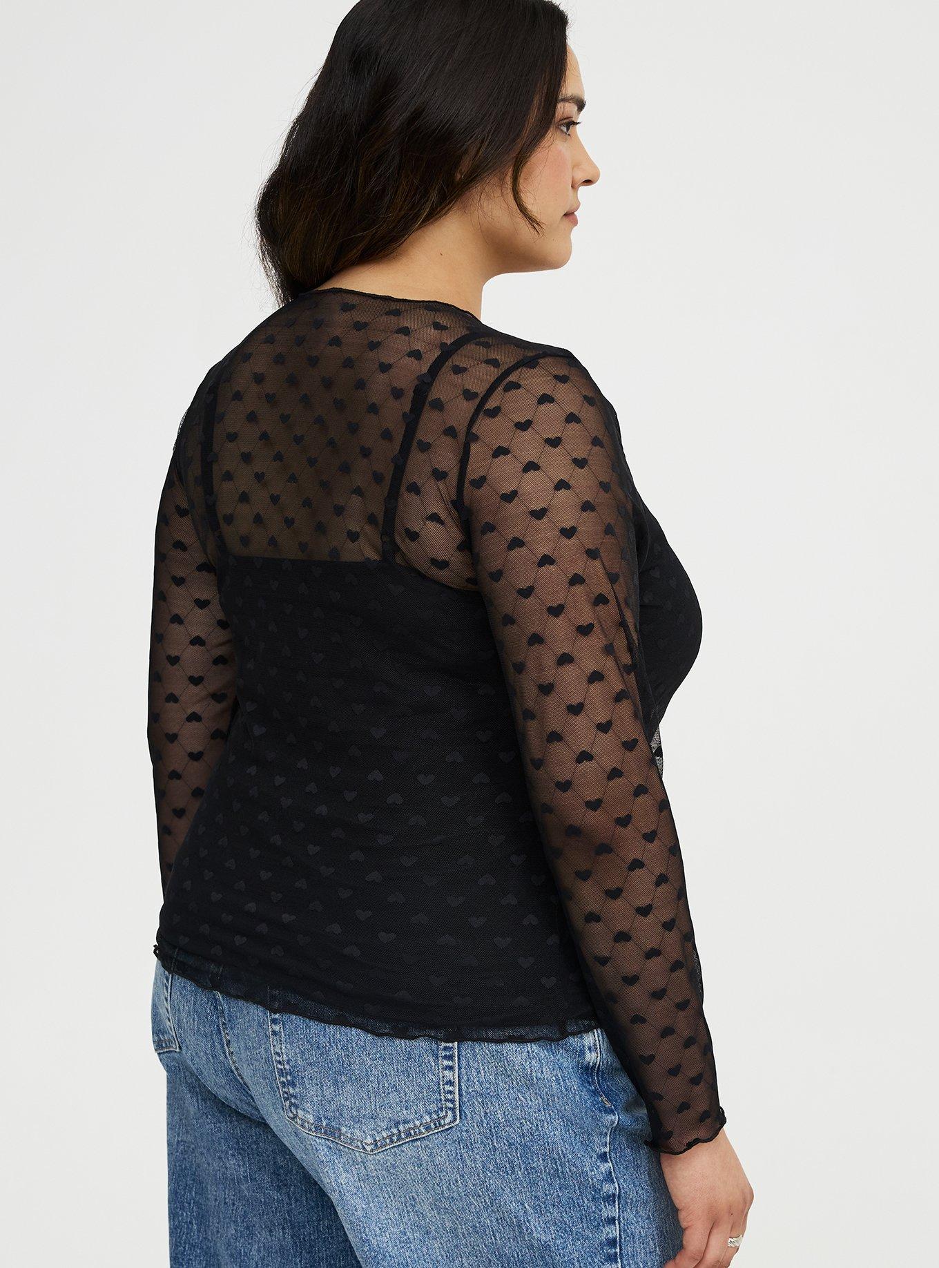 Sheer Mesh Swiss Dot & Heart Crew Top, DEEP BLACK, alternate