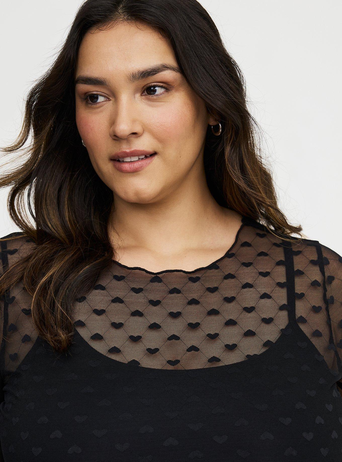 Sheer Mesh Swiss Dot & Heart Crew Top, DEEP BLACK, alternate