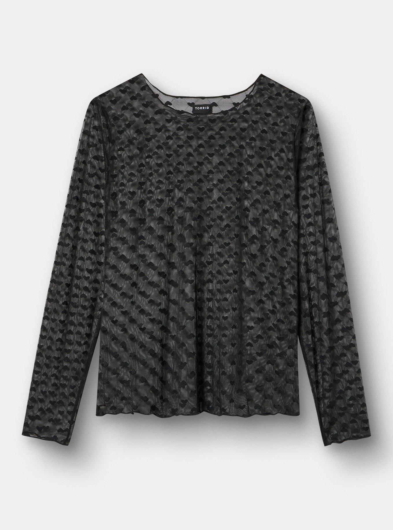 Sheer Mesh Swiss Dot & Heart Crew Top, DEEP BLACK, hi-res