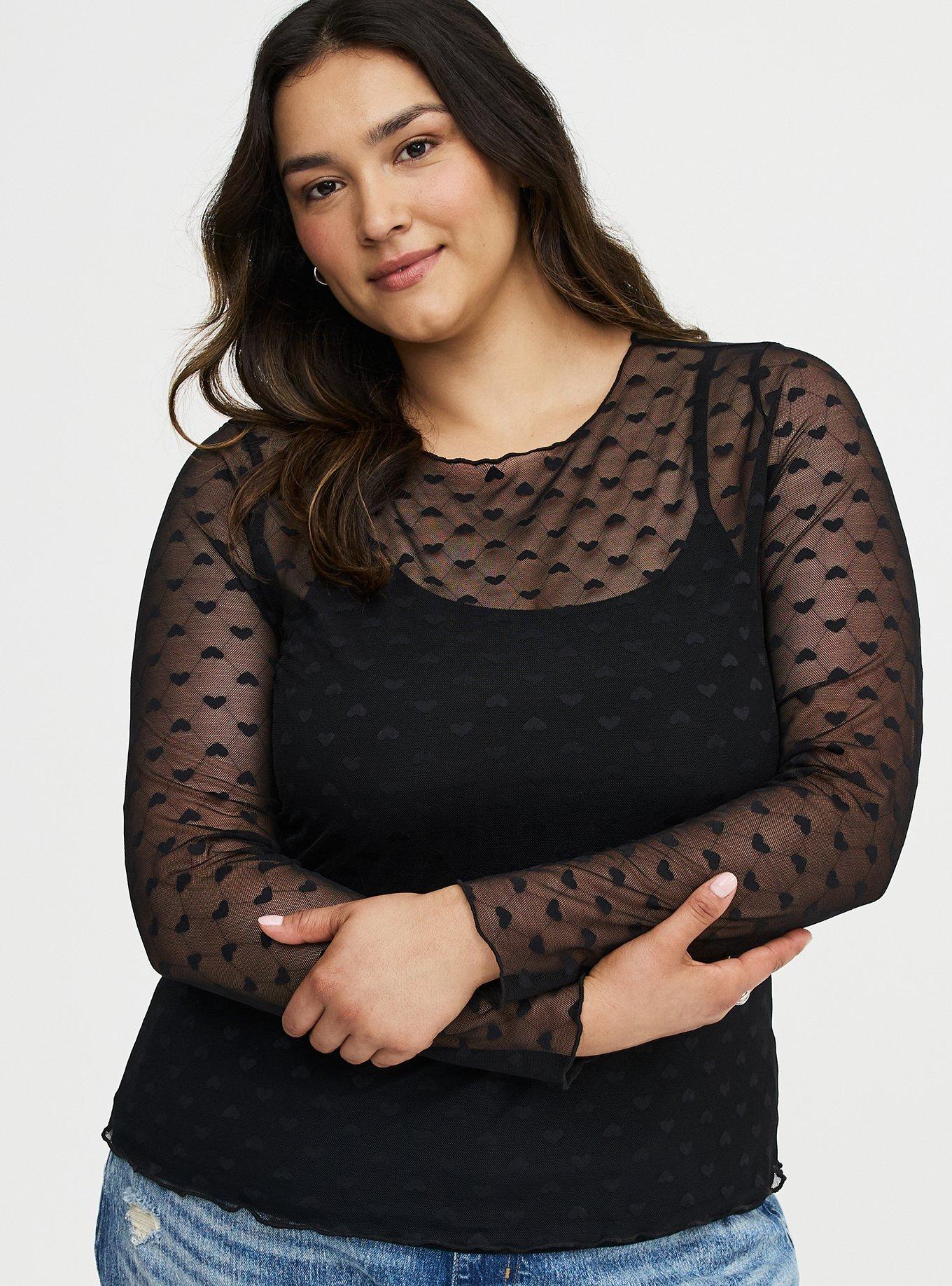 Plus Size - Sheer Mesh Swiss Dot & Heart Crew Top - Torrid