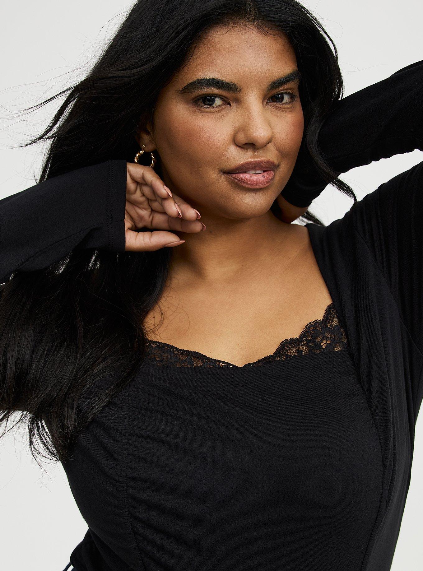 Slinky Shirred Lace Neck Top, DEEP BLACK, alternate