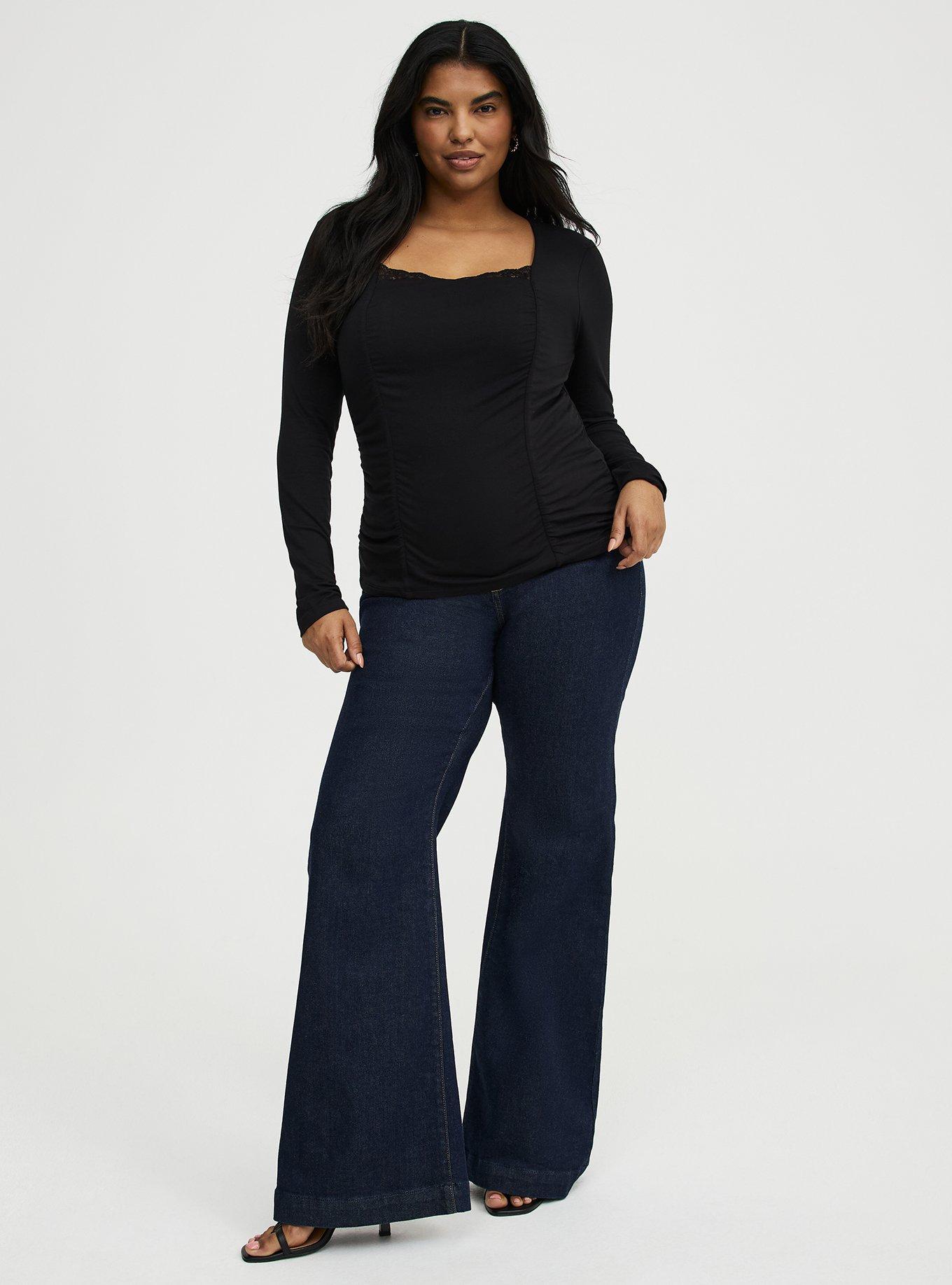 Slinky Shirred Lace Neck Top, DEEP BLACK, alternate