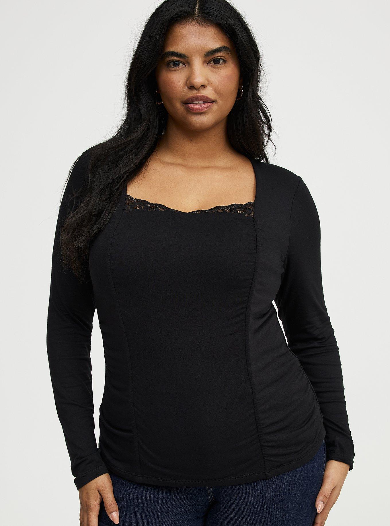 Slinky Shirred Lace Neck Top, DEEP BLACK, hi-res