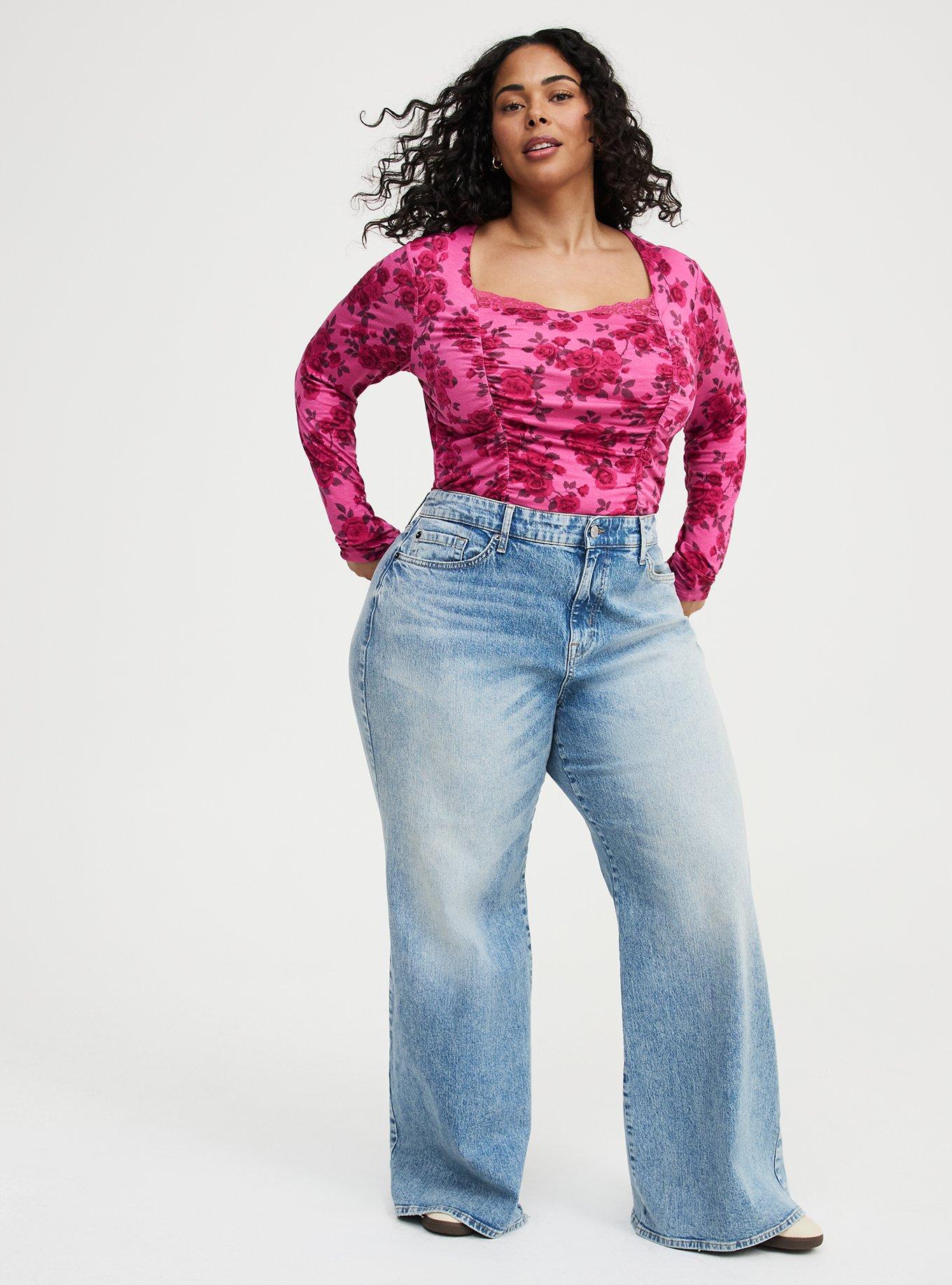 Slinky Shirred Lace Neck Top, JULEP ROSE FLORAL PINK, alternate