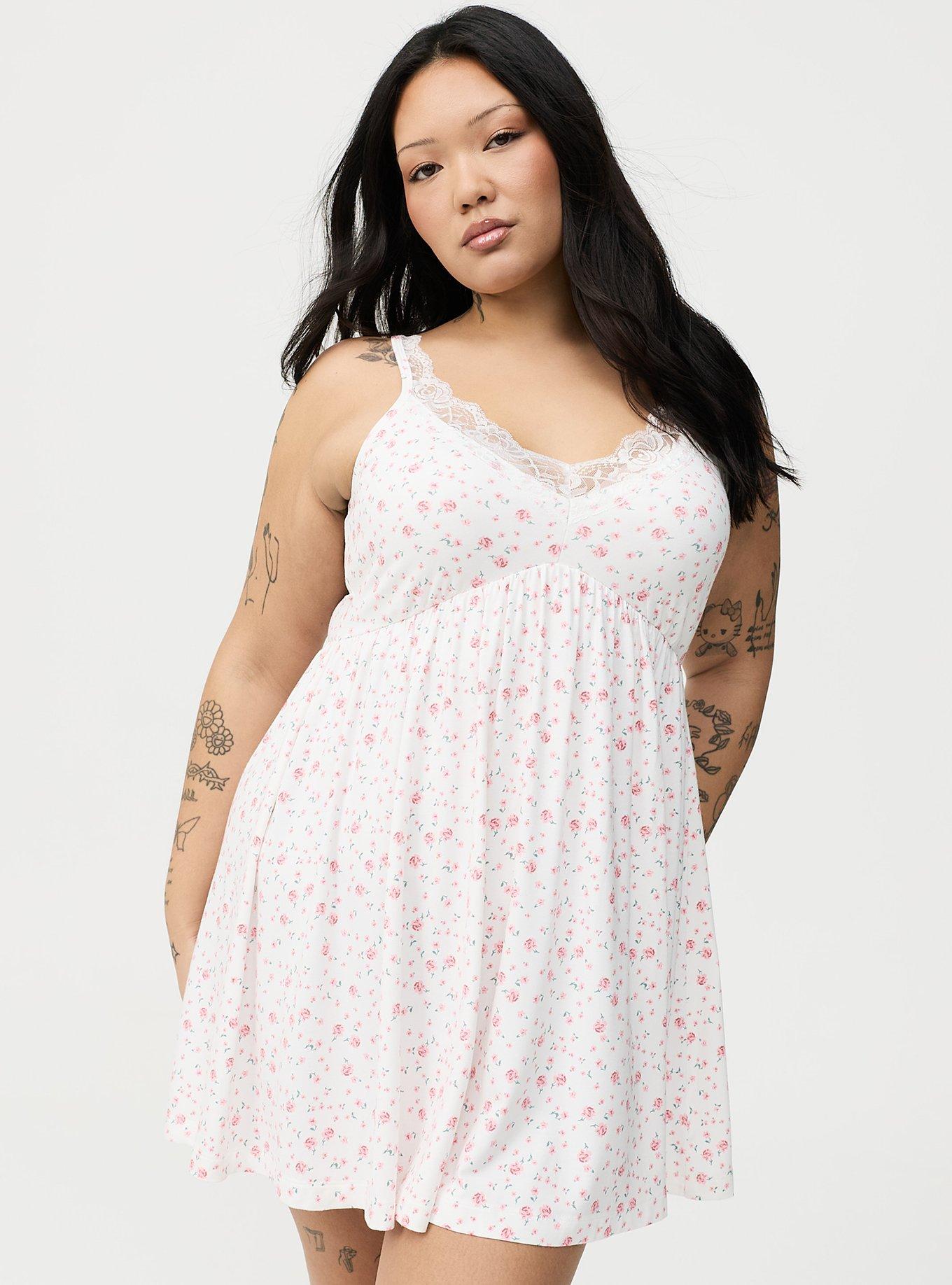 Super Soft Jersey Lace Trim Sleep Chemise, PETITE ROSES FLORAL WHITE PINK, alternate