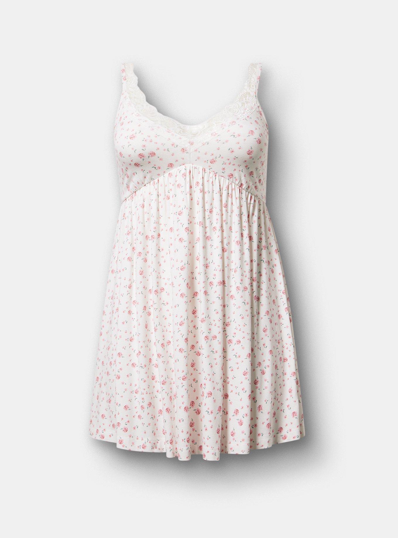 Super Soft Jersey Lace Trim Sleep Chemise, PETITE ROSES FLORAL WHITE PINK, hi-res