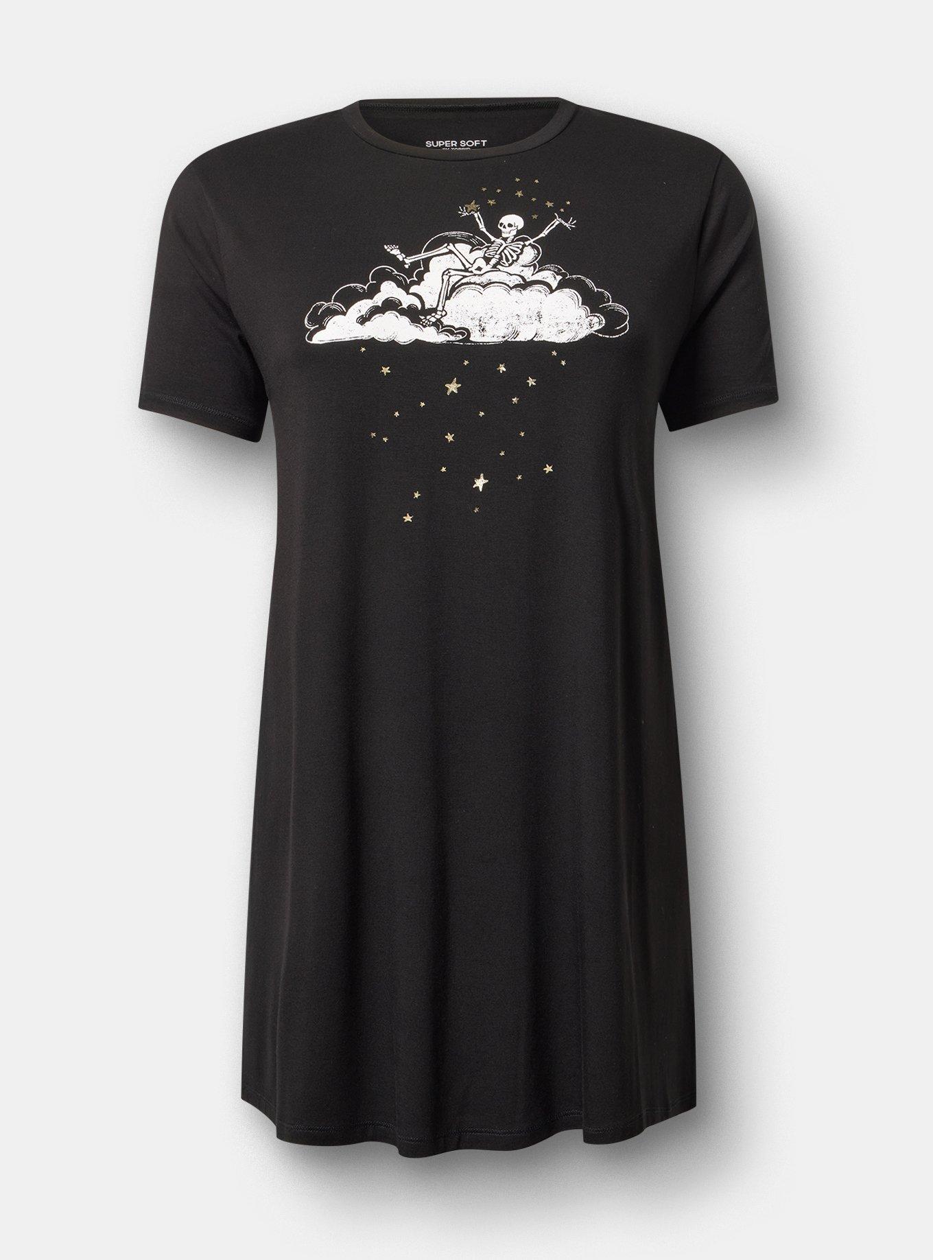 Super Soft Jersey Sleep Tee Dress, SKELETON STAR WISHES BLACK, flat
