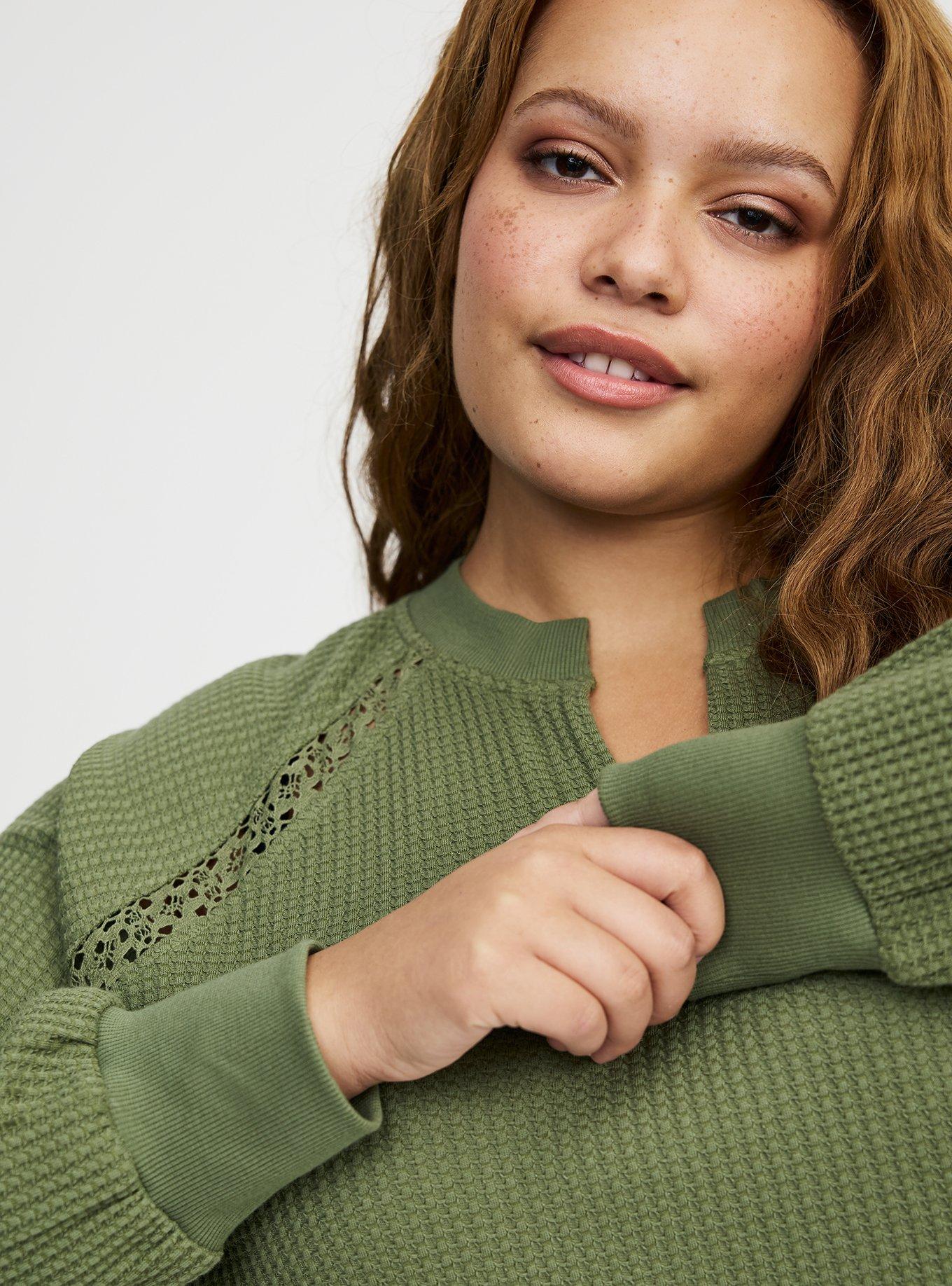 Waffle Crochet Inset Top, OLIVINE, alternate