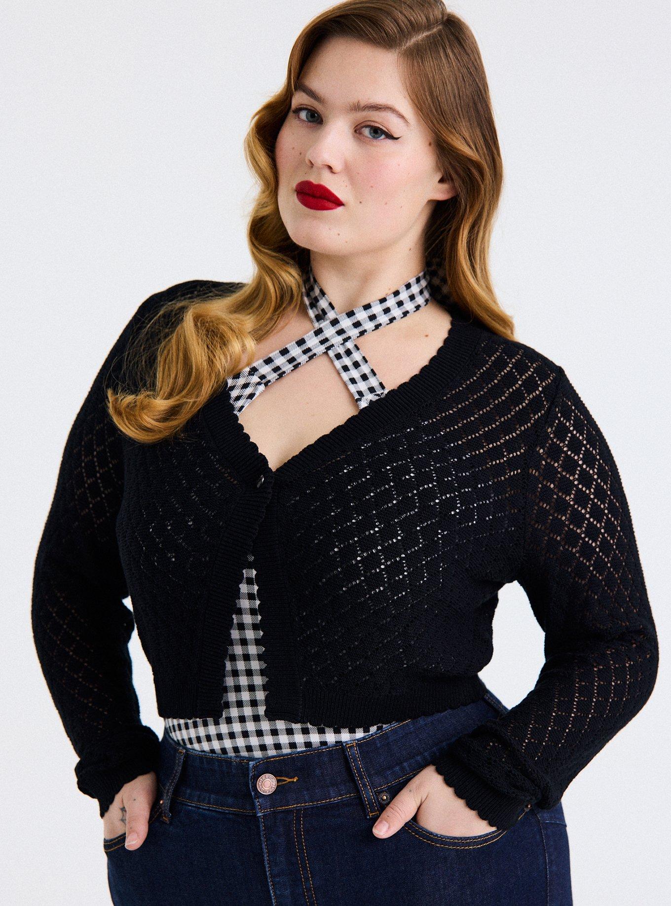 Retro Chic Scallop Edge Cardigan, DEEP BLACK, alternate