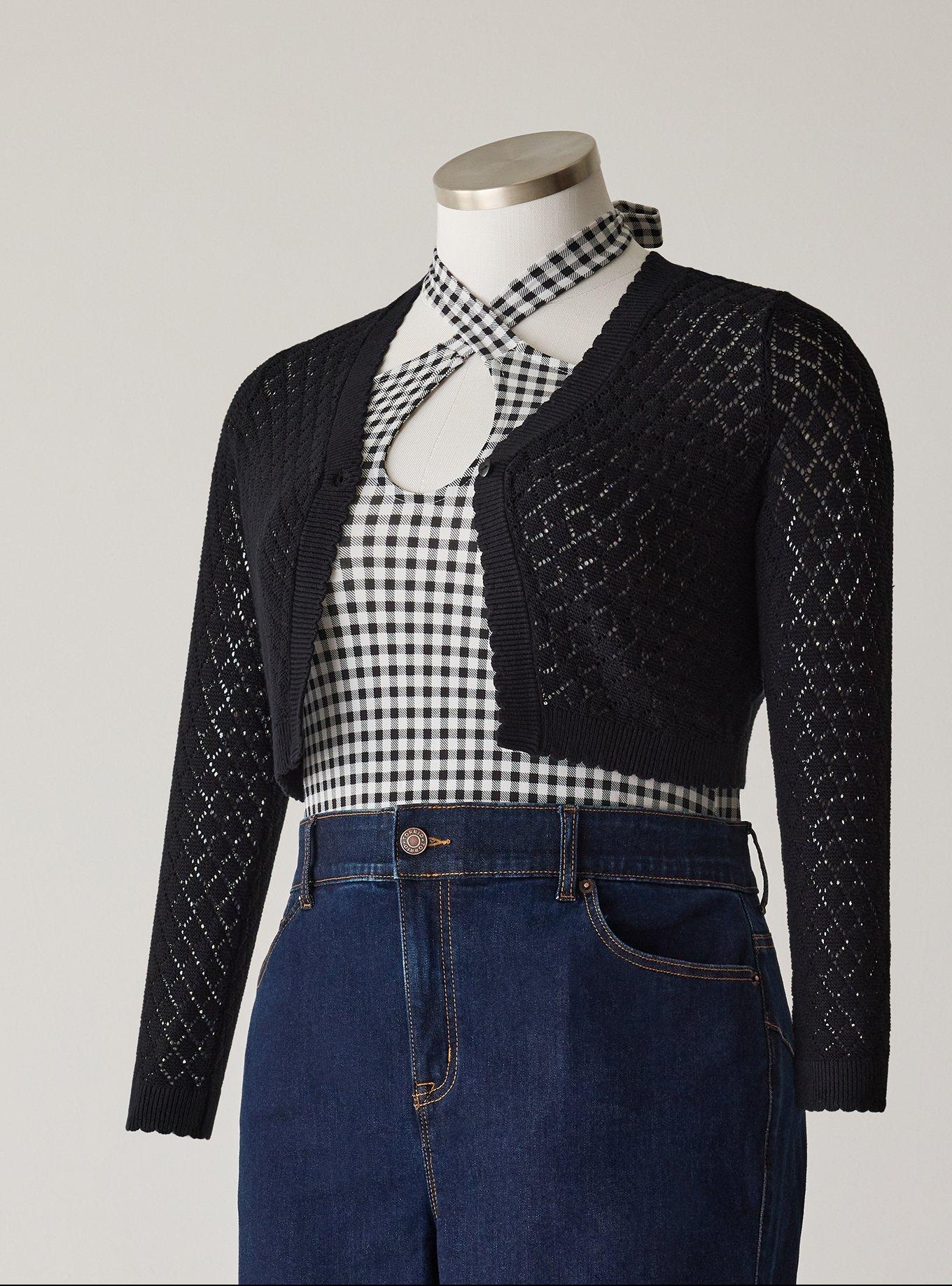 Retro Chic Scallop Edge Cardigan, DEEP BLACK, hi-res