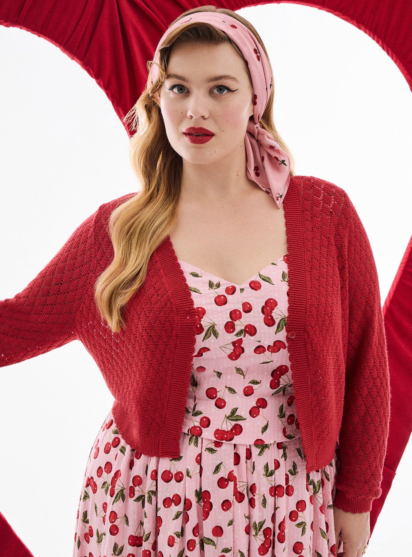 Retro Chic Scallop Edge Cardigan, SCARLET SAGE, hi-res