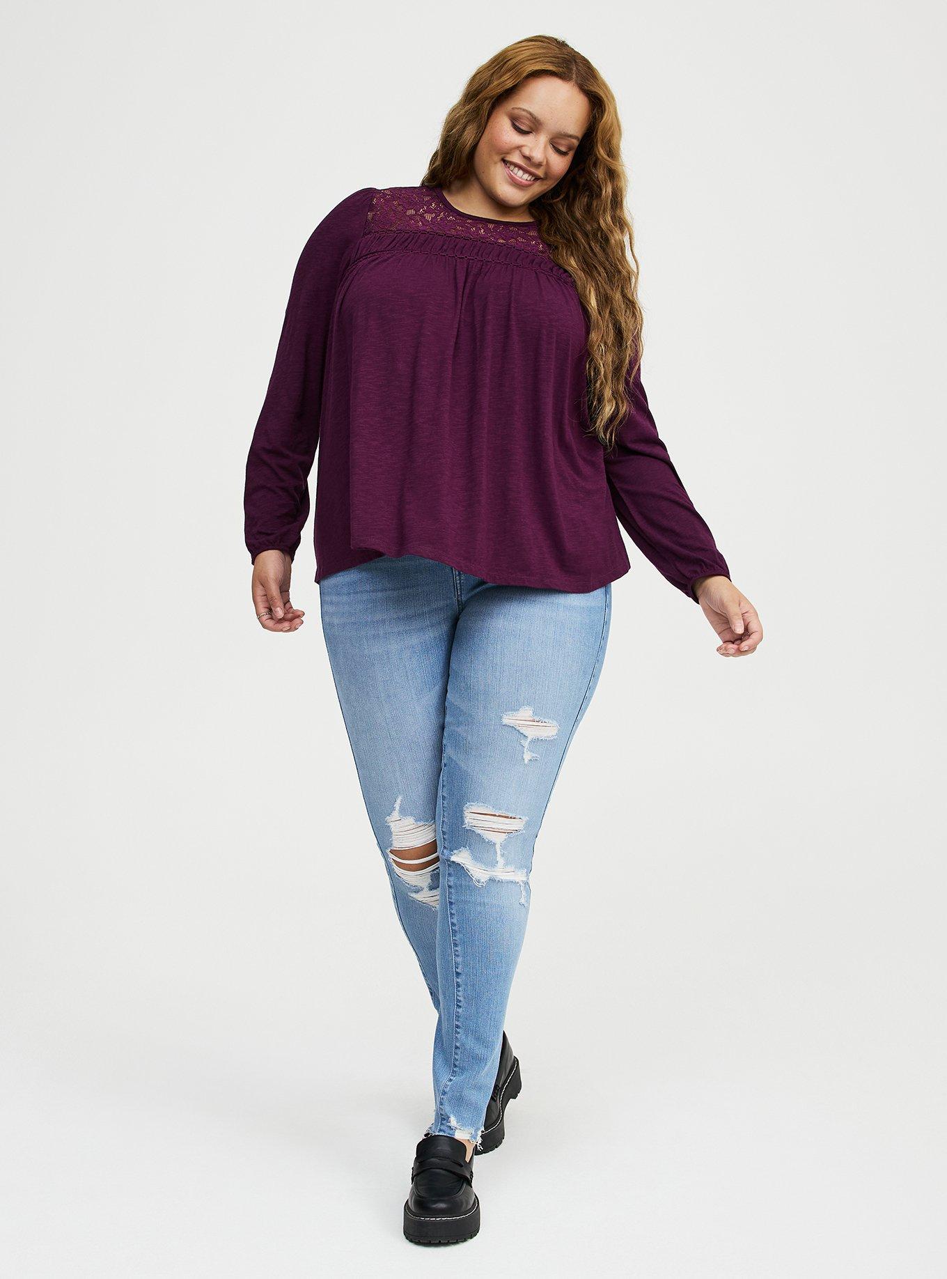 Vintage Slub Long Sleeve Lace Yoke Top, POTENT PURPLE, alternate