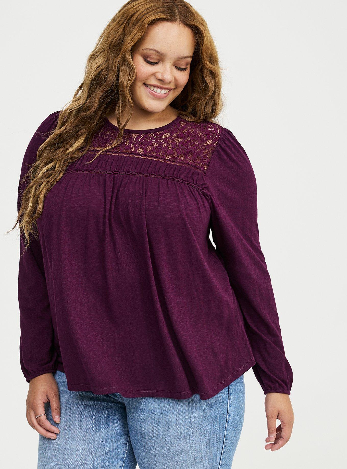 Vintage Slub Long Sleeve Lace Yoke Top, POTENT PURPLE, alternate