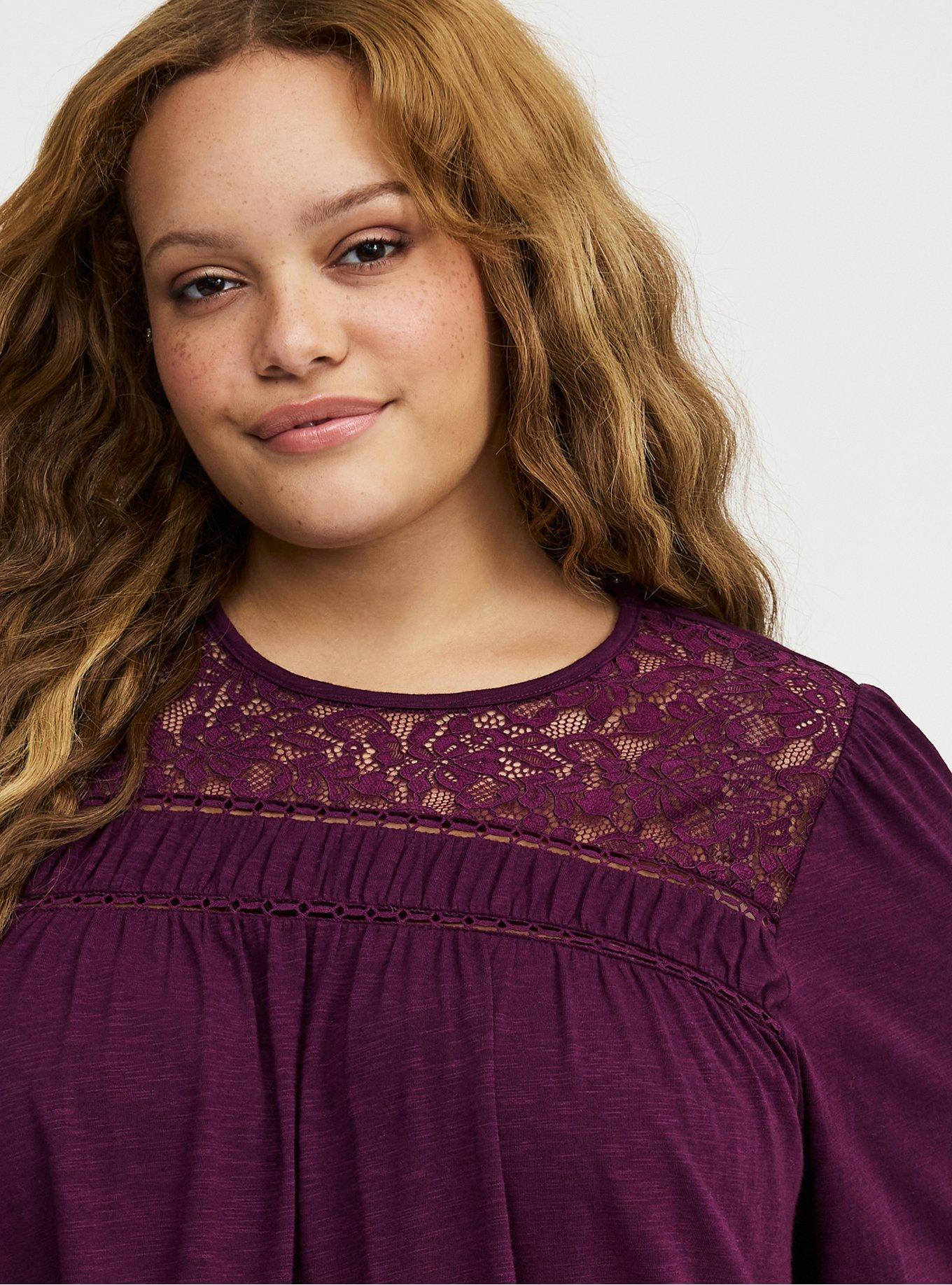 Vintage Slub Long Sleeve Lace Yoke Top, POTENT PURPLE, alternate