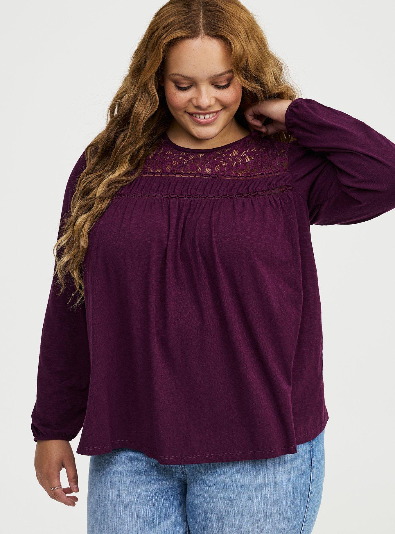 Vintage Slub Long Sleeve Lace Yoke Top, POTENT PURPLE, alternate