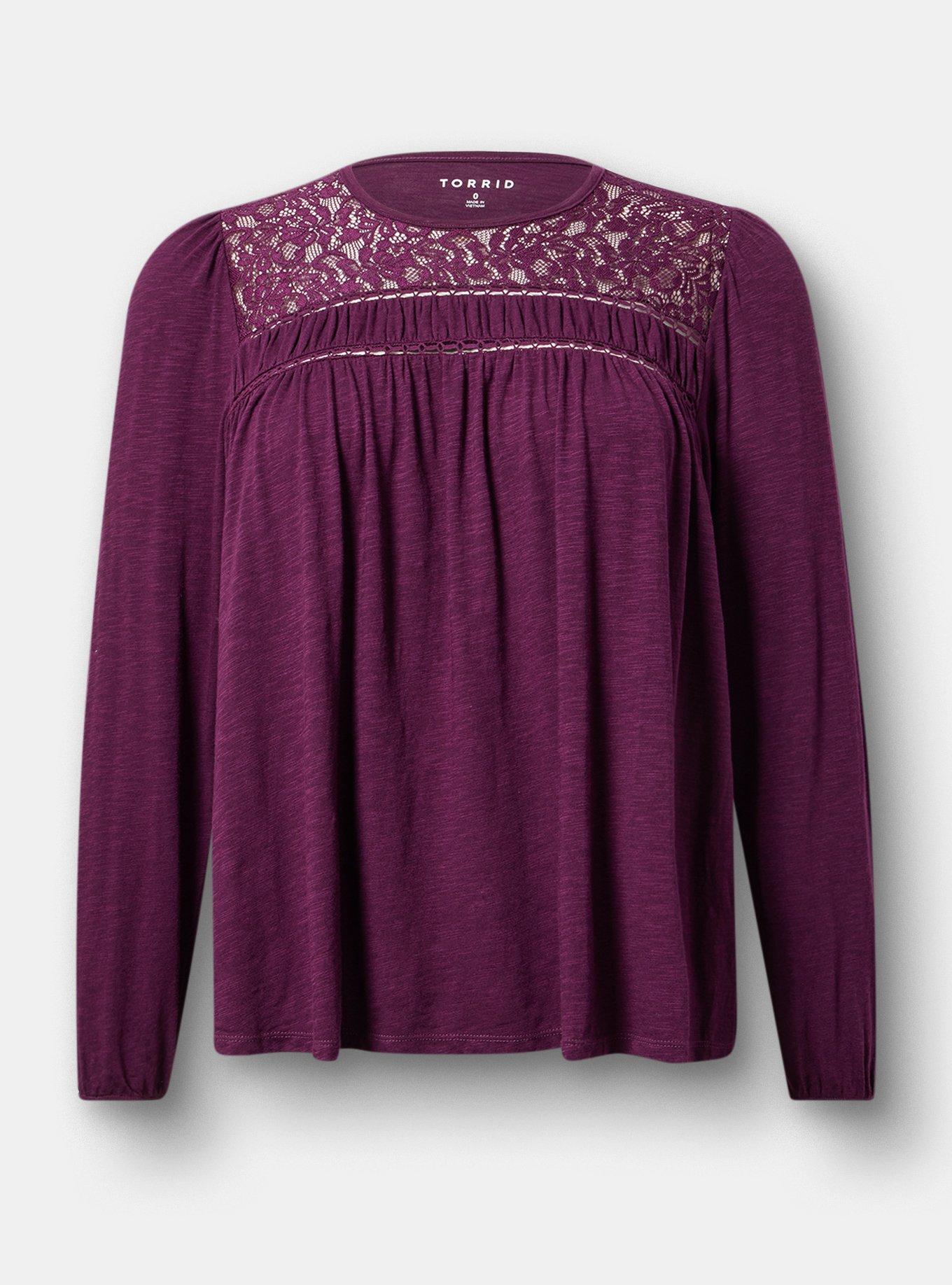 Vintage Slub Long Sleeve Lace Yoke Top, POTENT PURPLE, hi-res