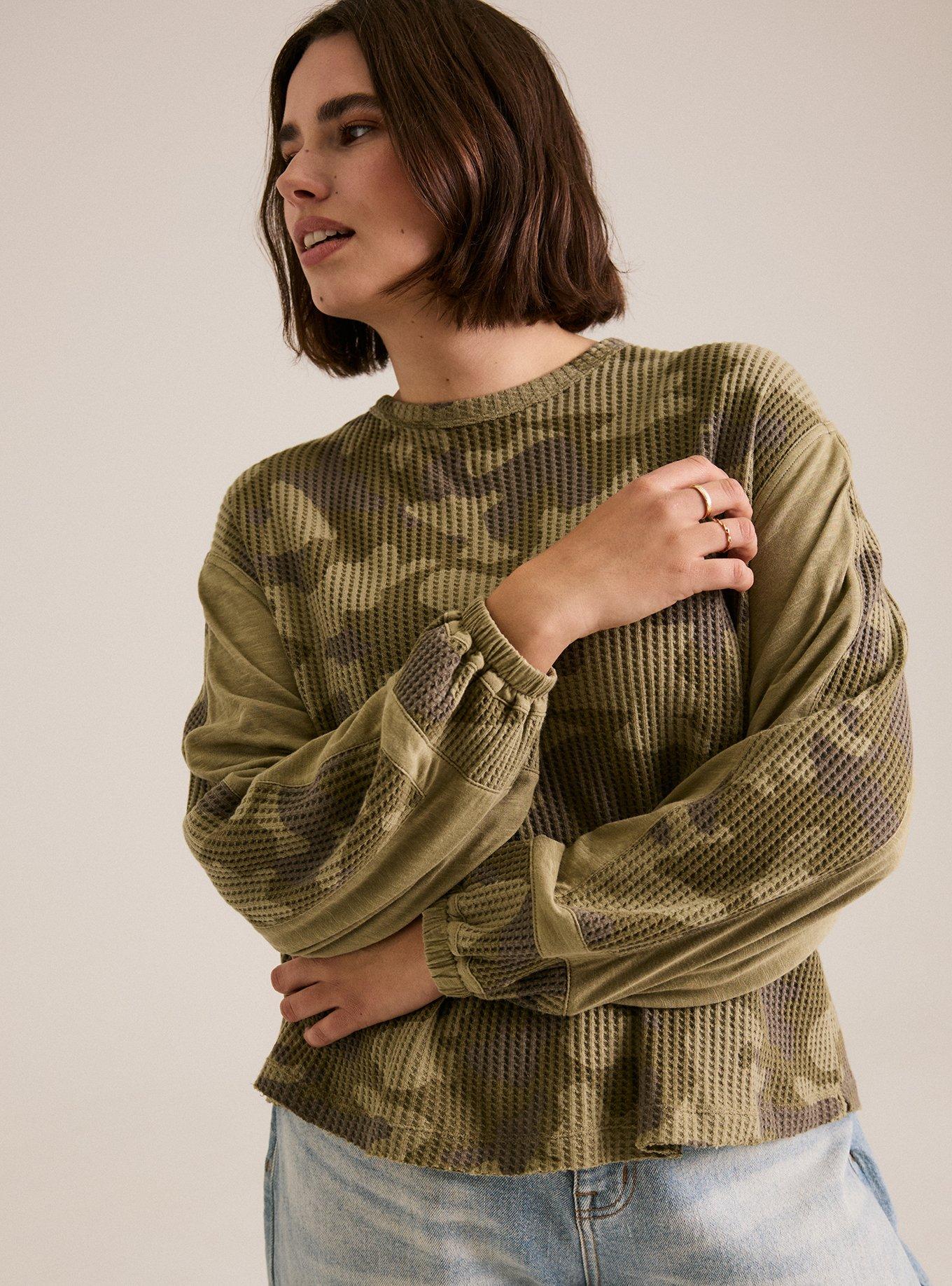 Festi Mixed Fabric Peasant Top, ZIGGY CAMO DUSKY GREEN, hi-res