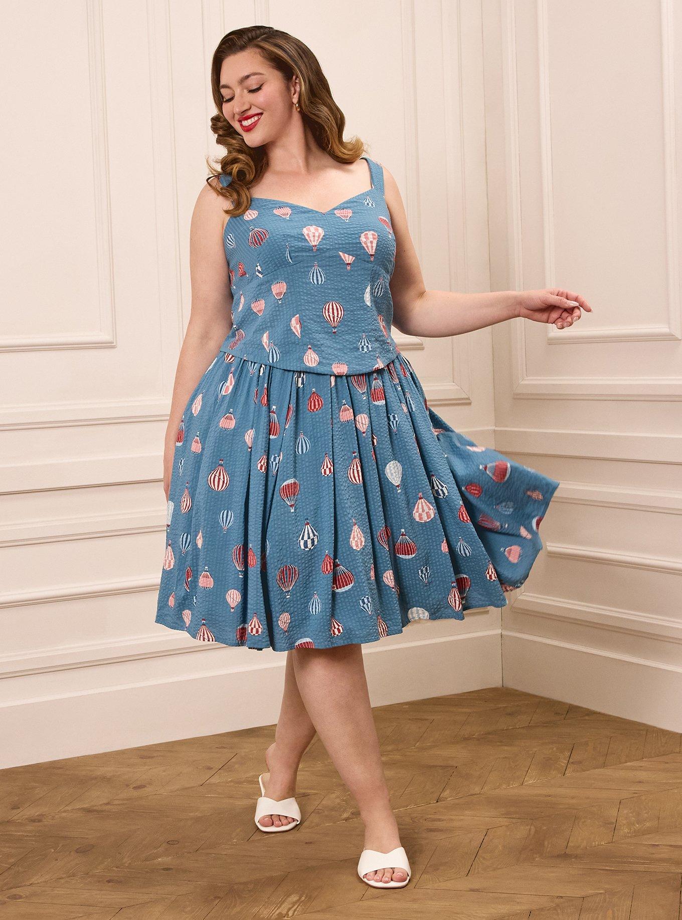 Retro Chic Pleated Midi Skirt, HOT AIR BALLOONS BLUE, hi-res